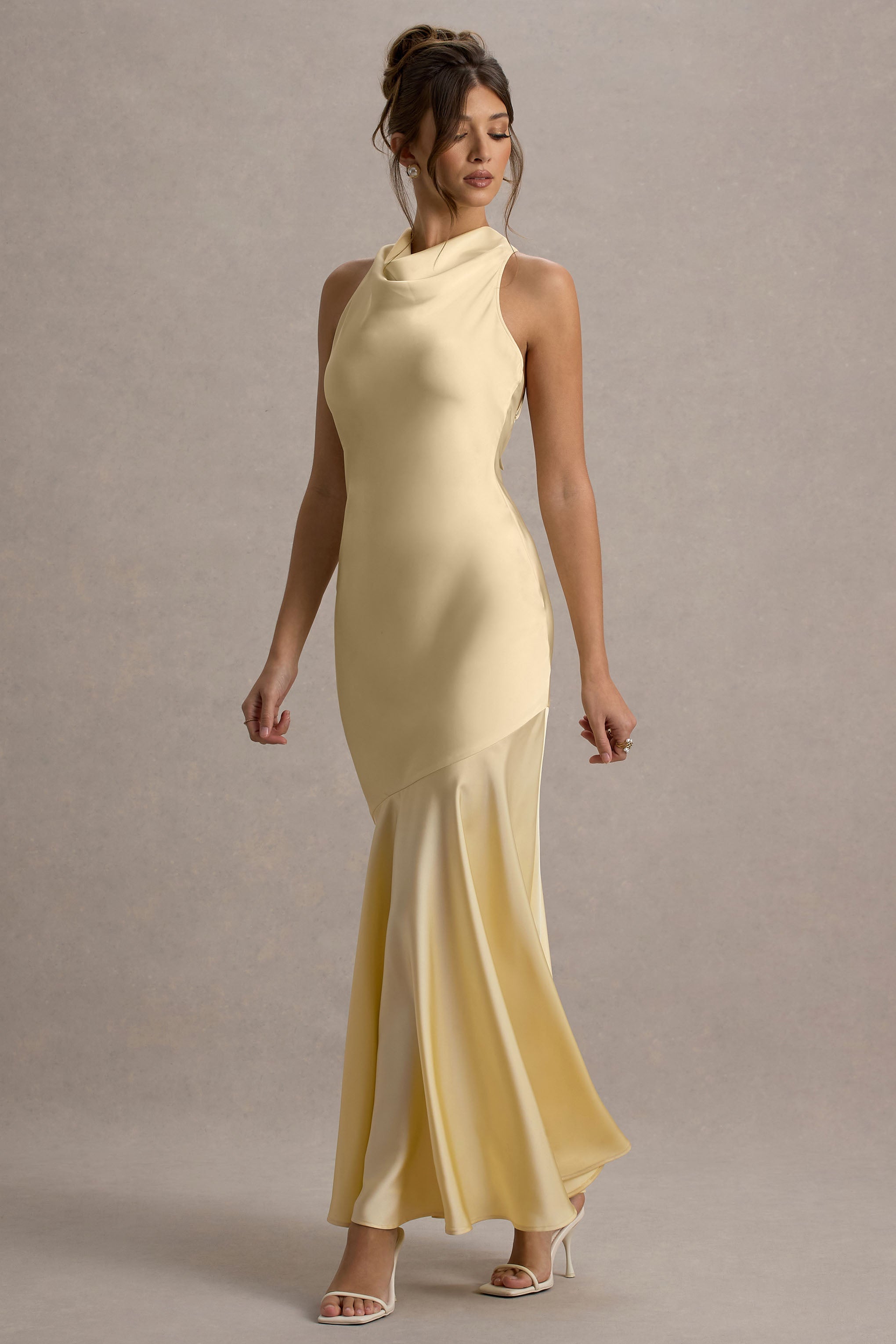 Amelita Lemon Satin Cowl-Neck Maxi Dress