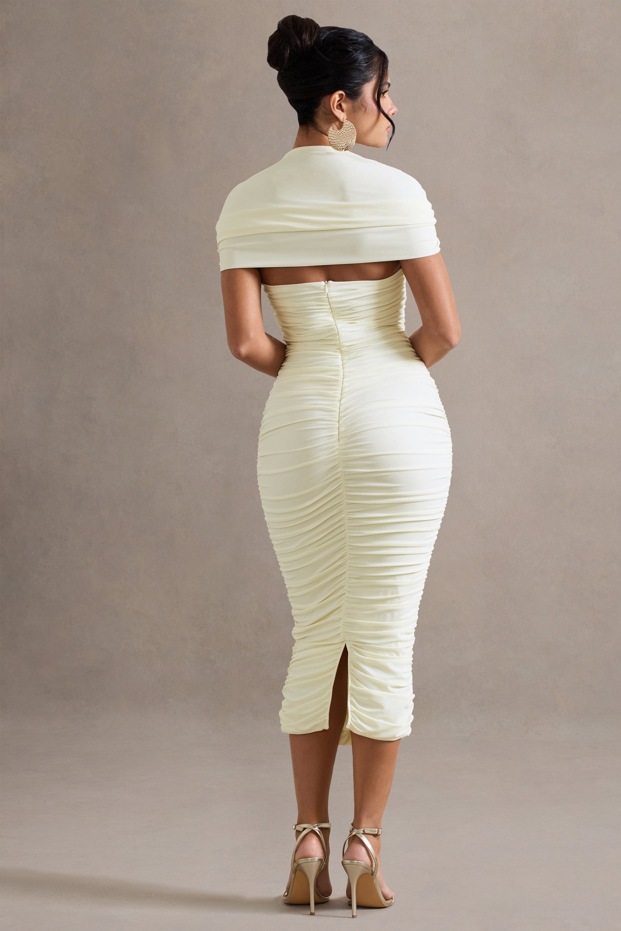 Paxos Ecru Ruched Short-Sleeve Midi Dress
