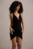 Vivia Black Plunge-Neck Ruched Mini Dress