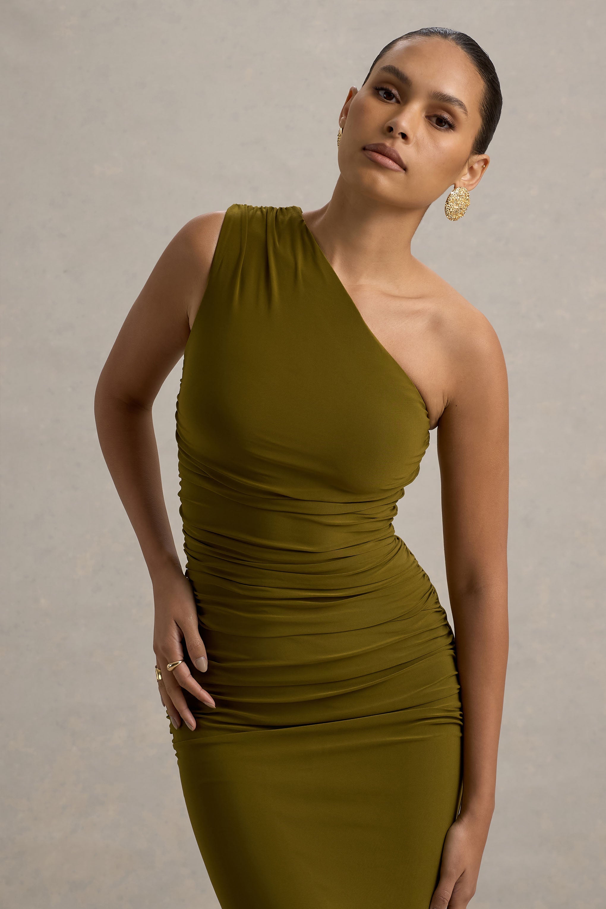 Dalarie Green One-Shoulder Gathered Maxi Dress