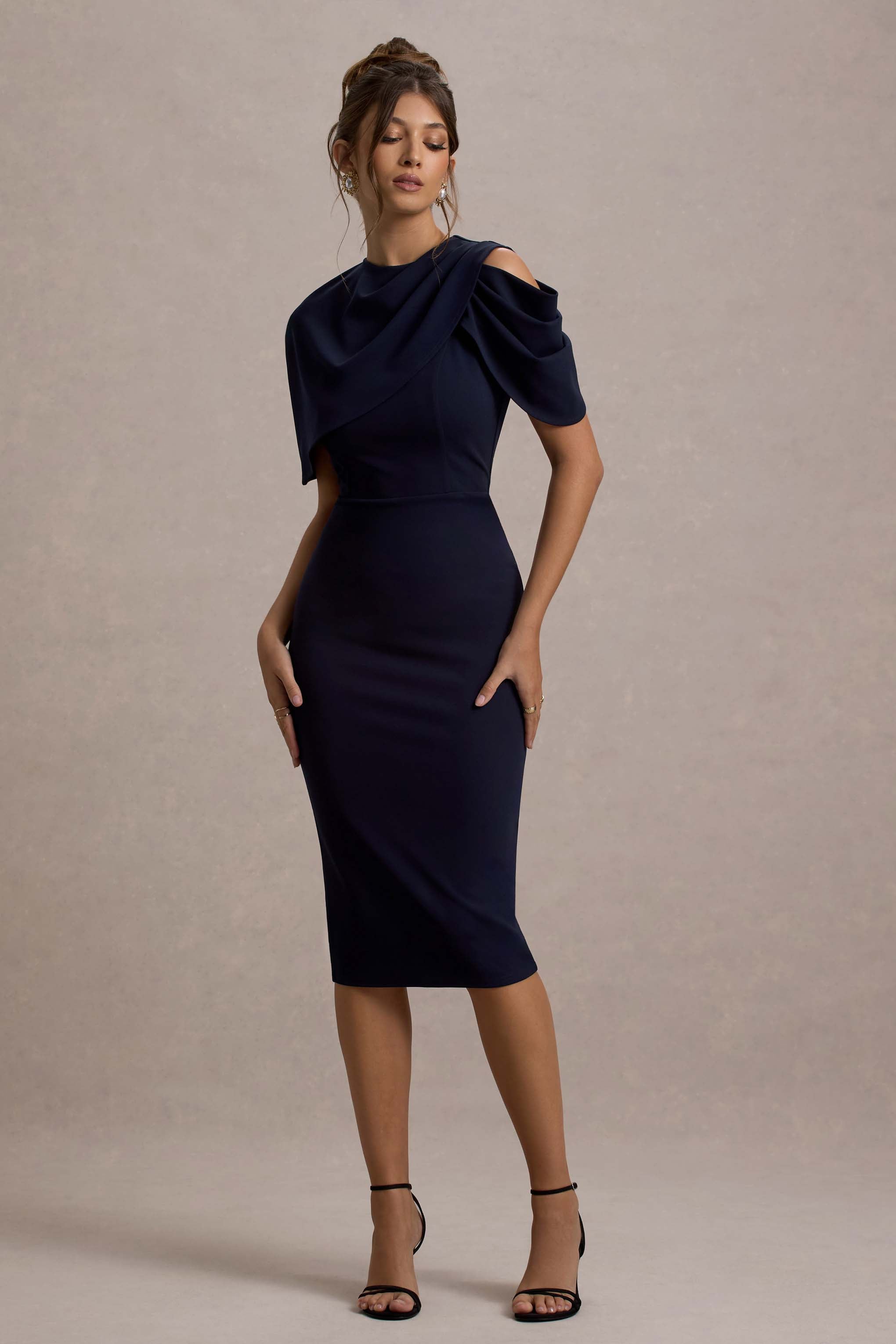 Dorothea Navy Draped Midi Dress With Cape