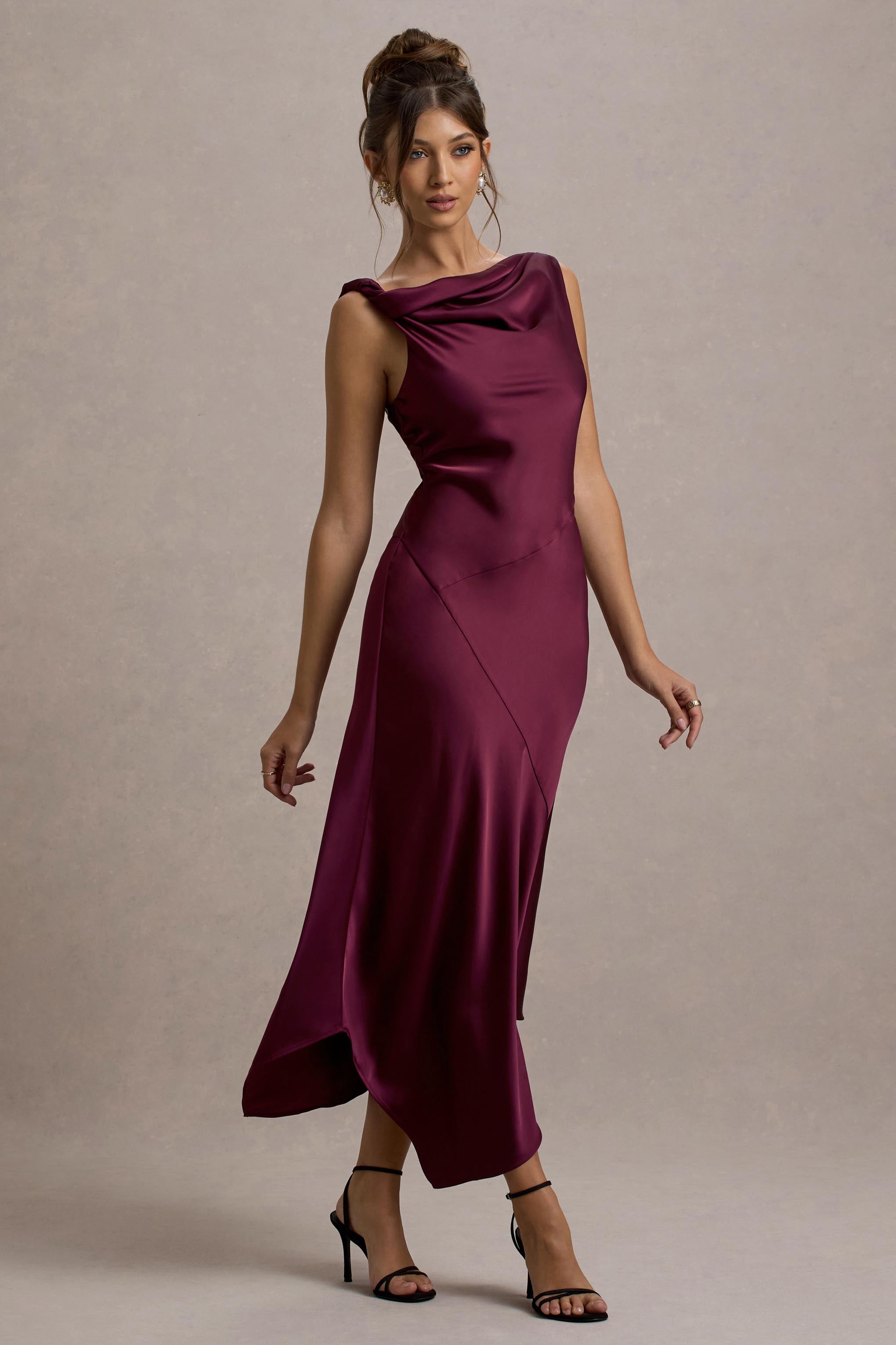 Donelli Plum Satin Asymmetric Midi Dress