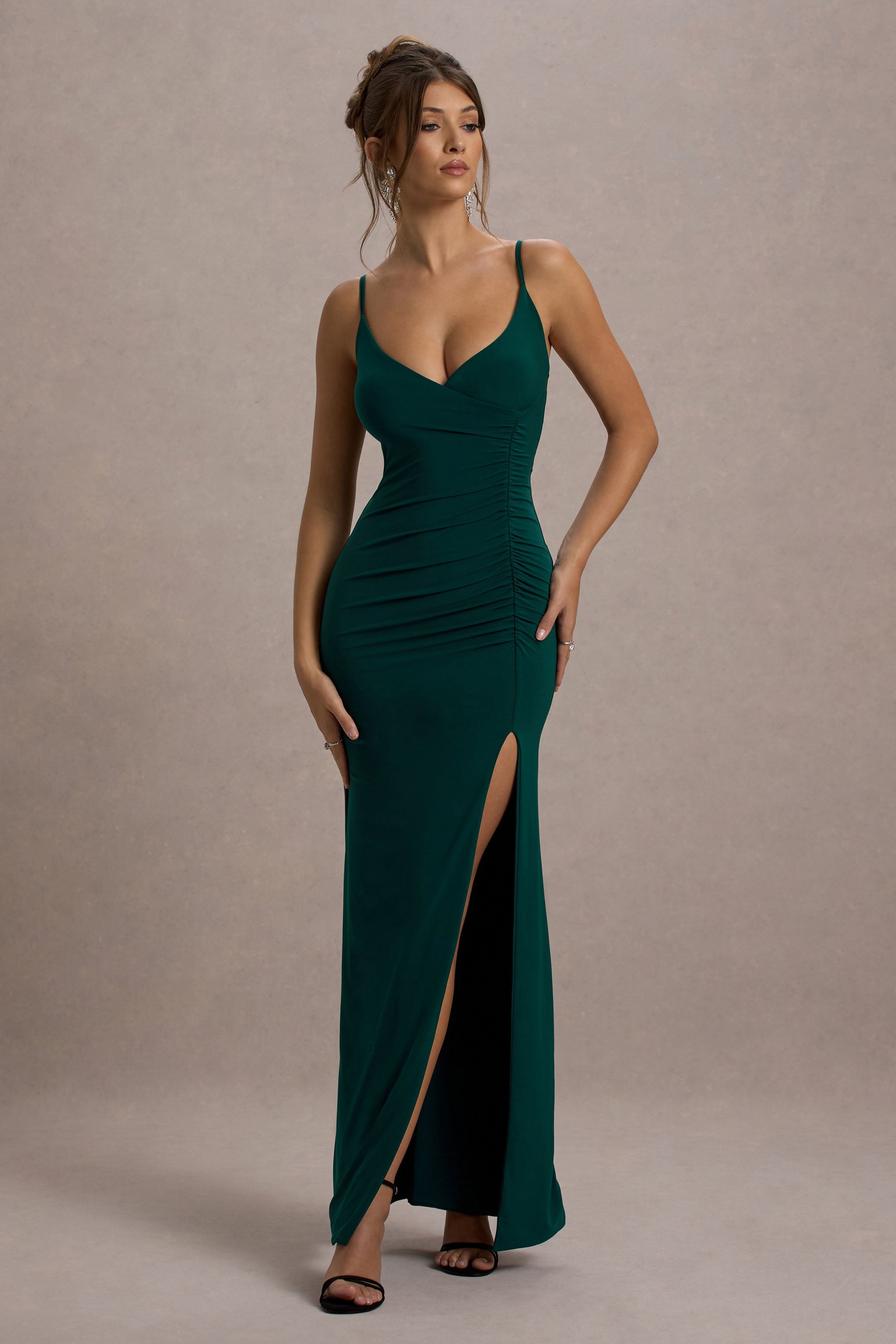 Jeanne Bottle Green Plunge Ruched Cami Maxi Dress With Split