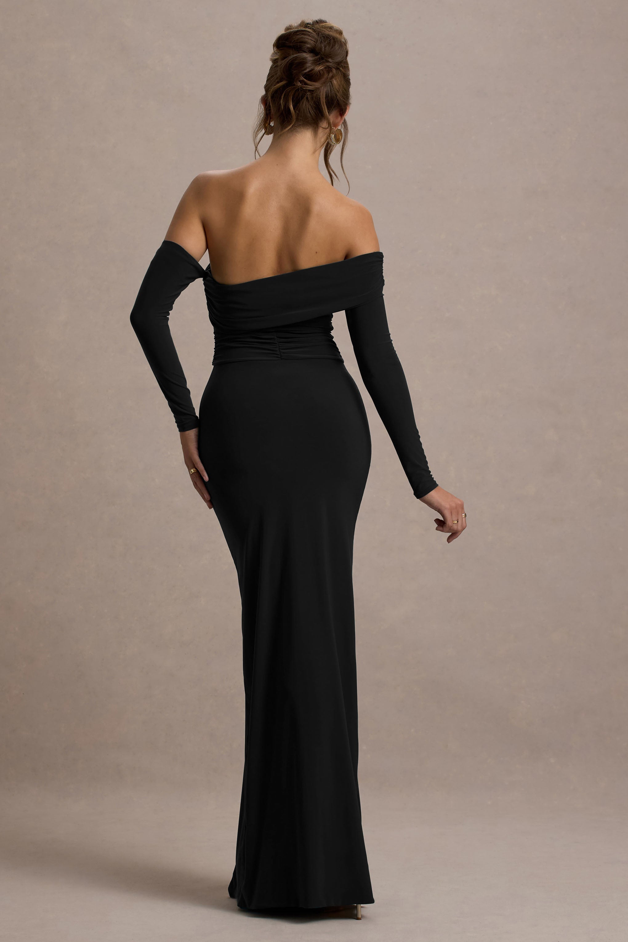 Stand Out Black Bardot Long Sleeve Ruched Maxi With Side Split