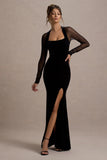 Apres Black Velvet Bodycon Split Maxi Dress With Sheer Sleeves