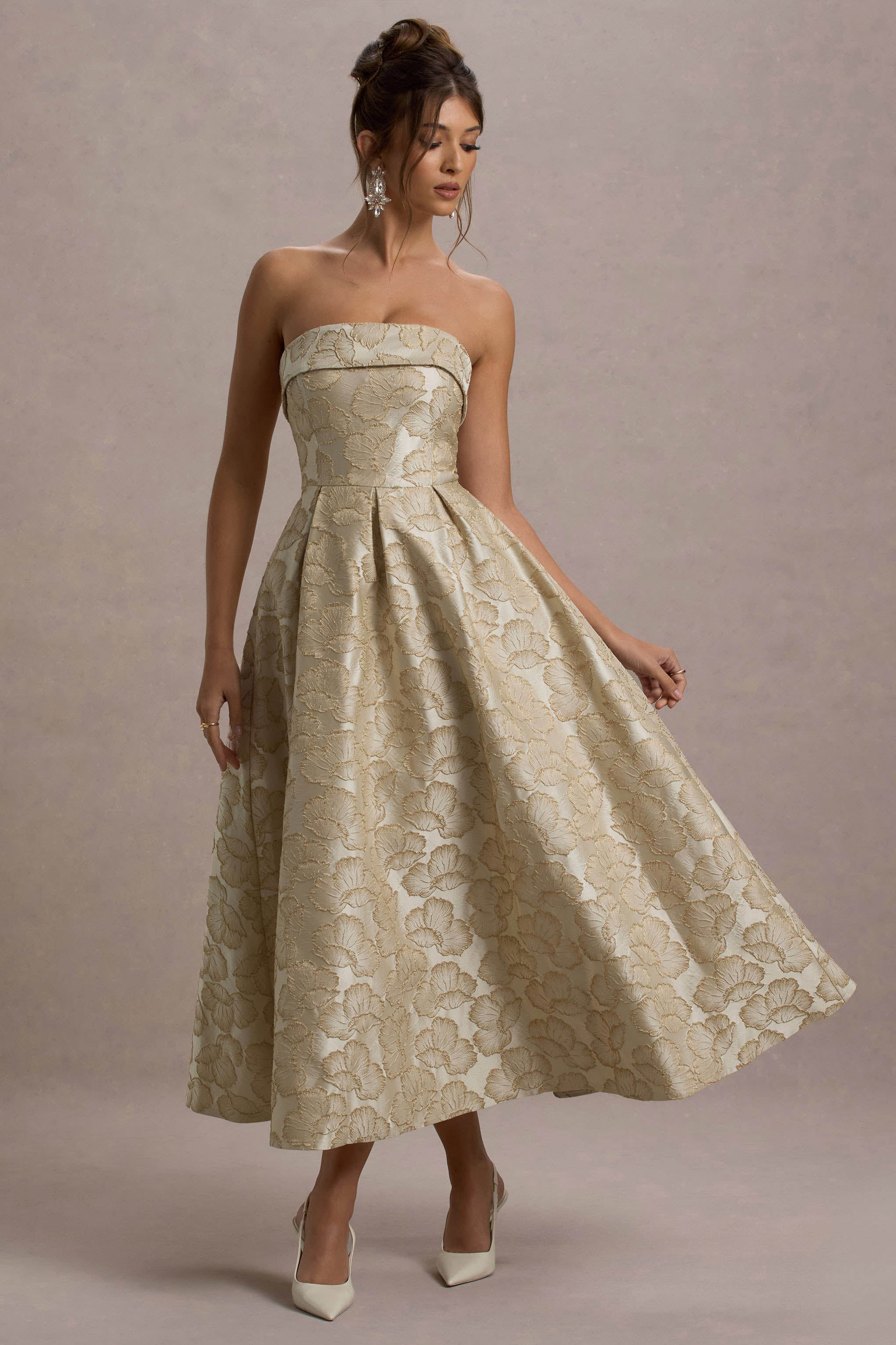 Zuma Gold Metallic Jacquard Strapless Midi Dress