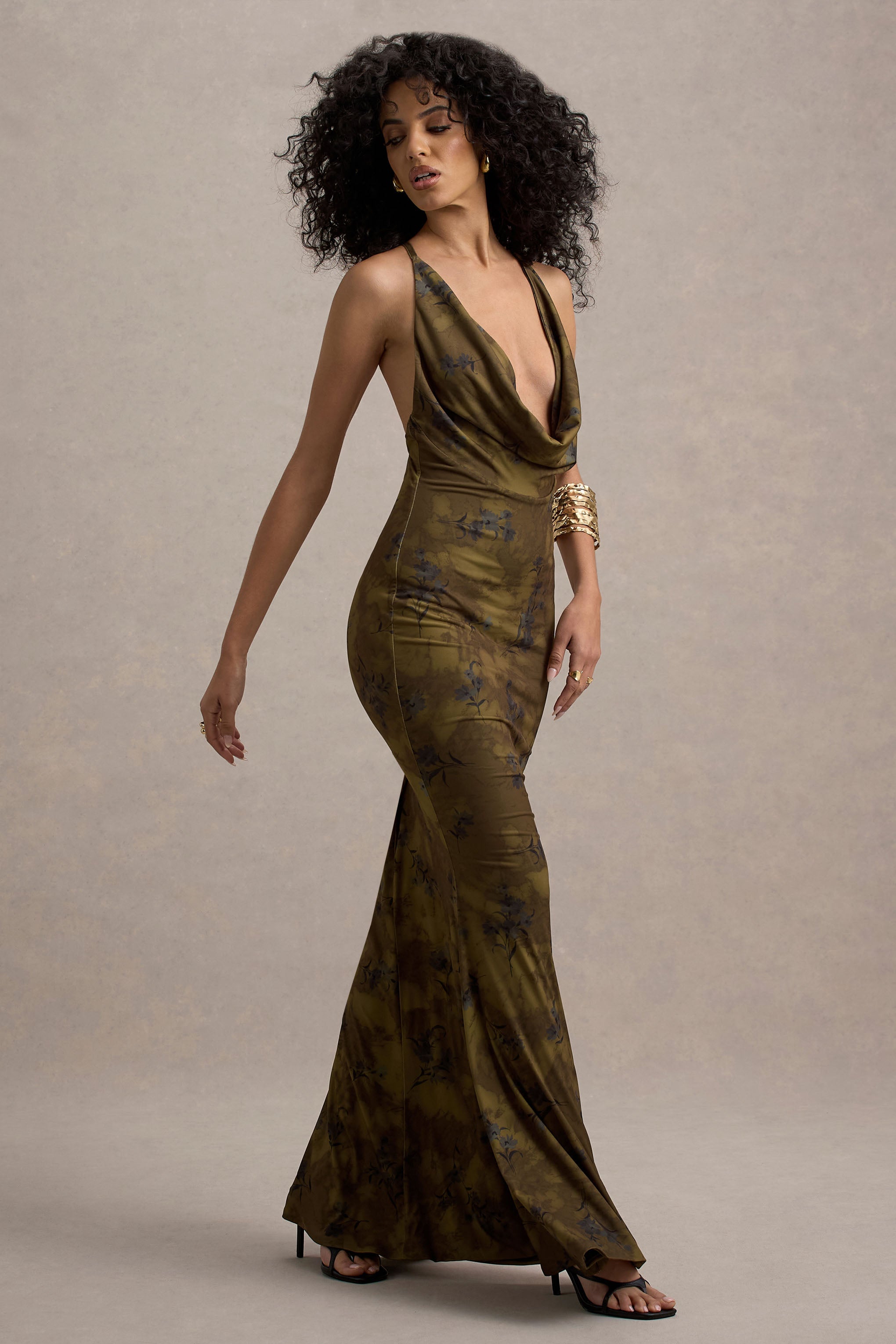 Allana Yellow Floral Print Cowl-Neck Open-Back Maxi Dress