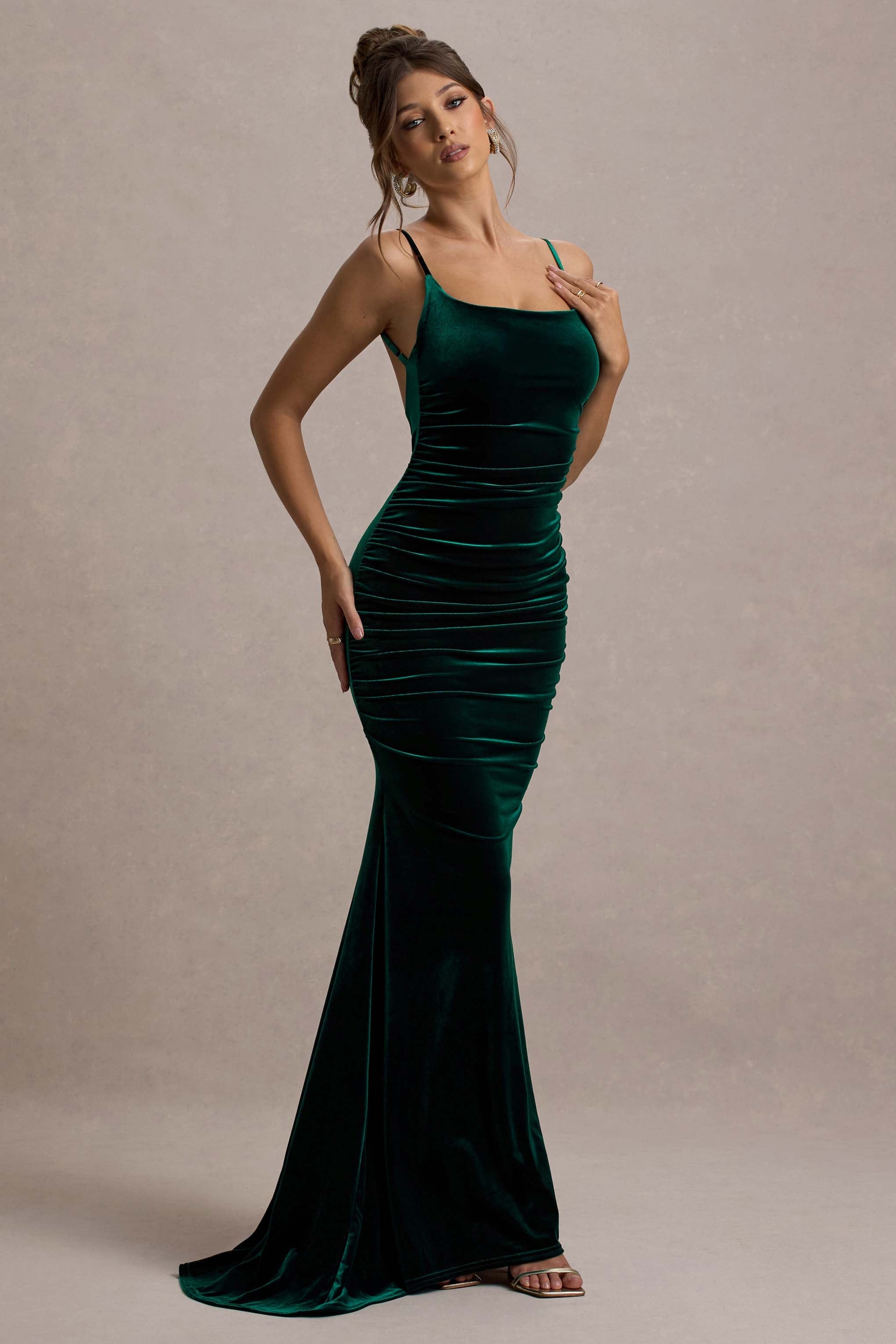 Adele Bottle Green Velvet Ruched Strappy Fishtail Maxi Dress