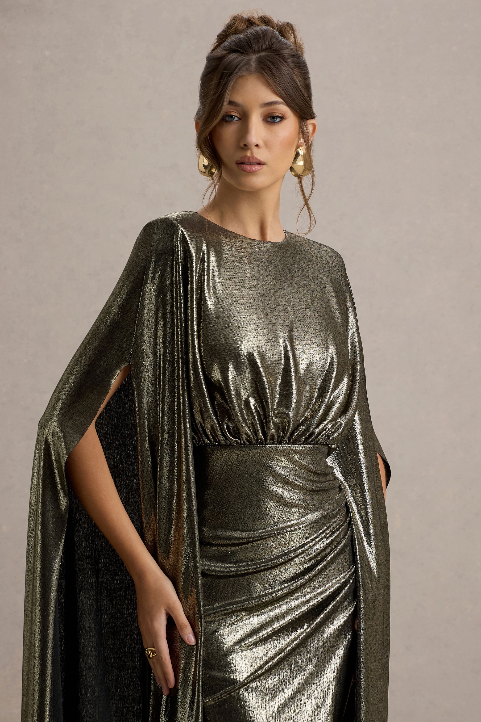 Theia Gold Metallic Cape-Sleeve Split Maxi Dress