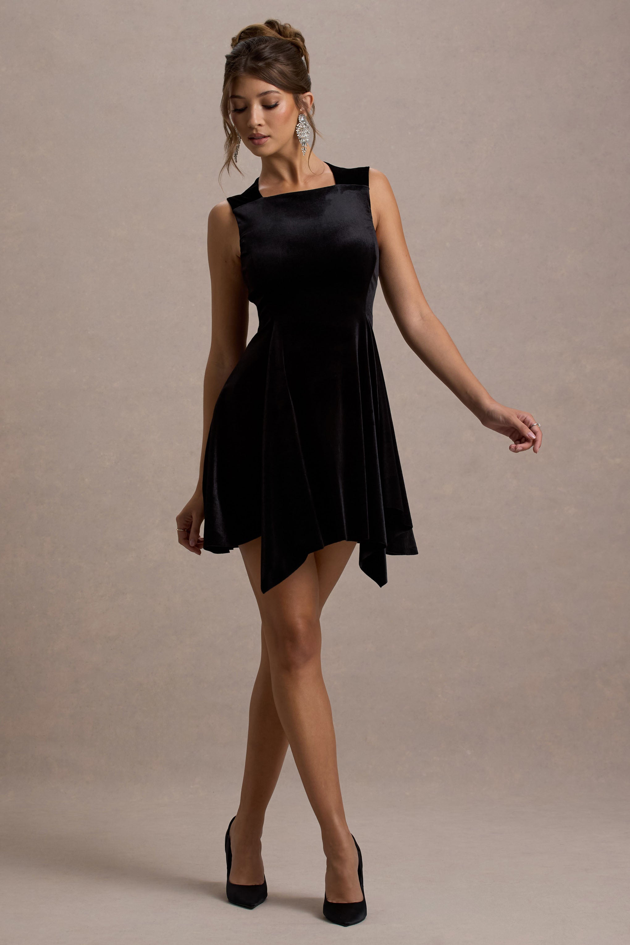 Baker Black Velvet Draped-Hem Mini Dress