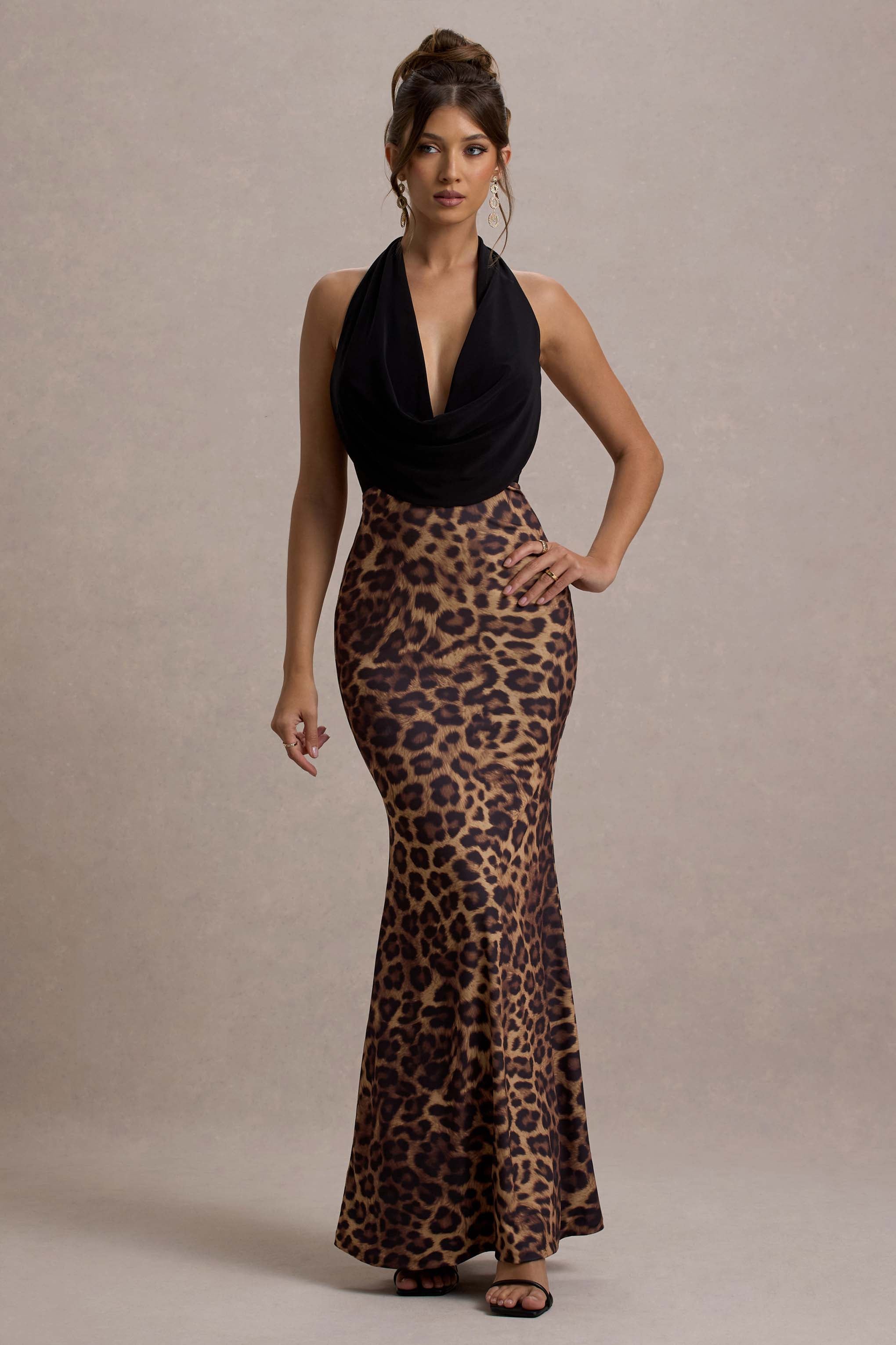 Krystal Animal Print Deep Plunge-Neck Maxi Dress