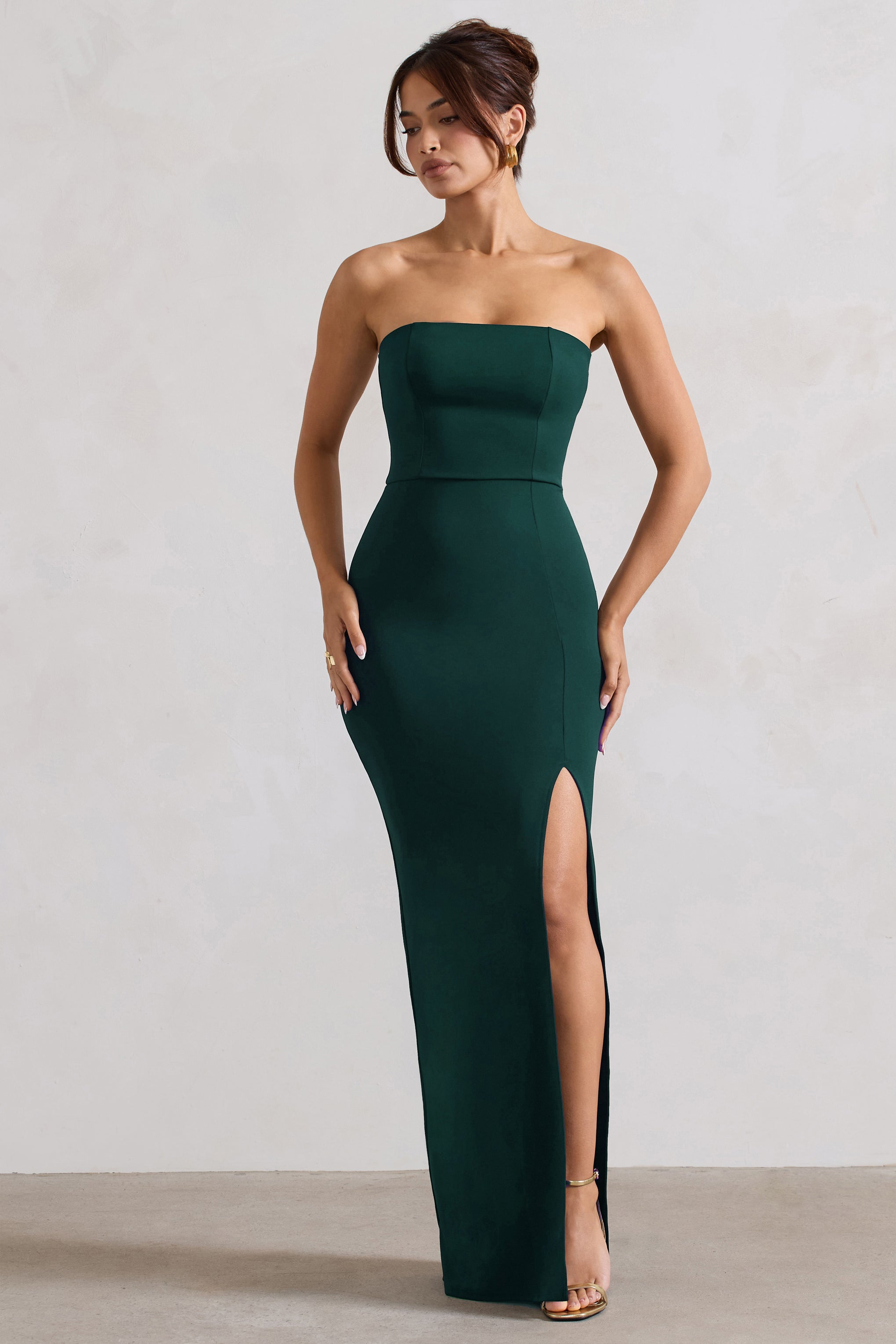 Belle of The Ball Bottle Green Bandeau Maxi Dress With Split Hem