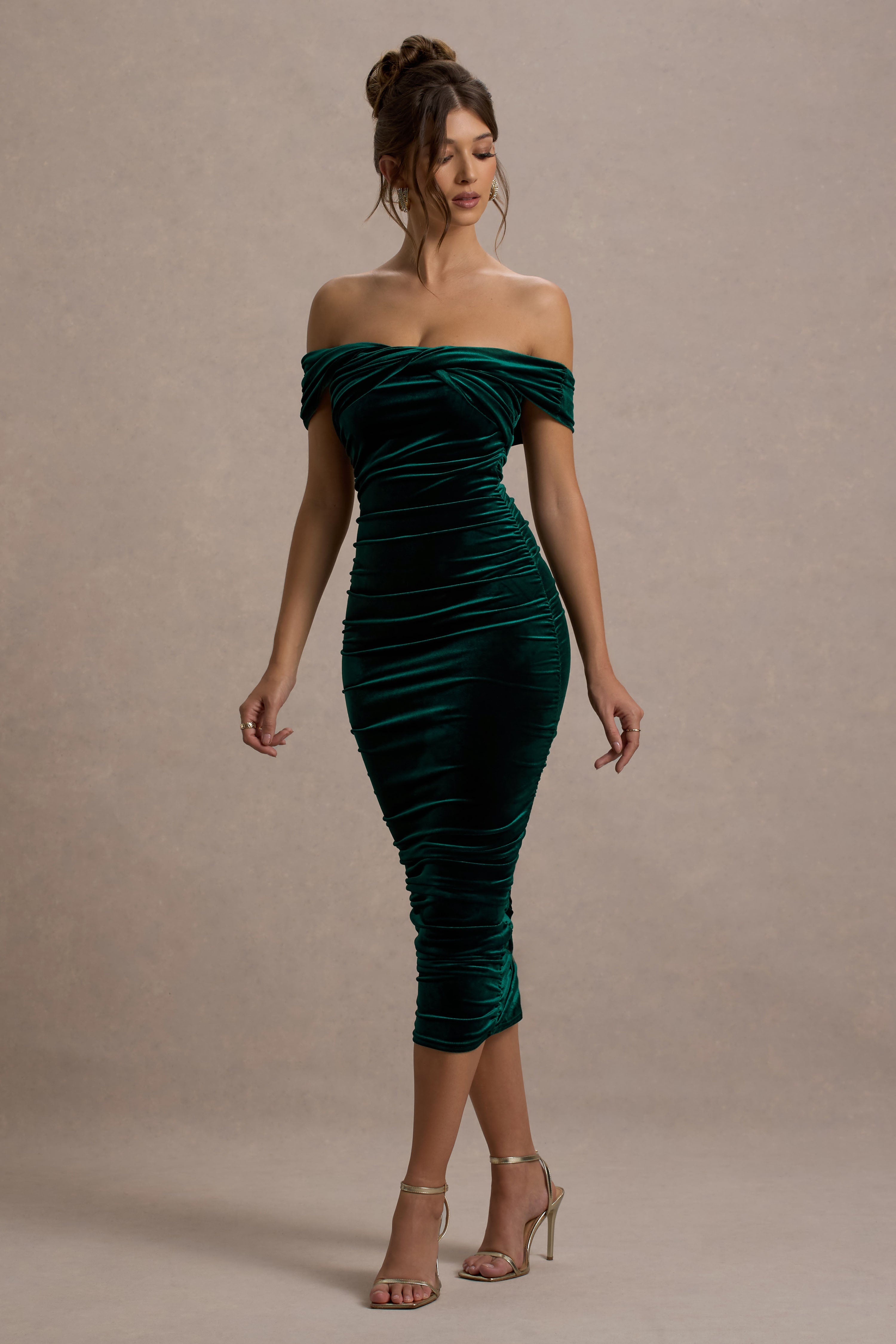 Gratitude Bottle Green Velvet Off The Shoulder Ruched Midi Dress