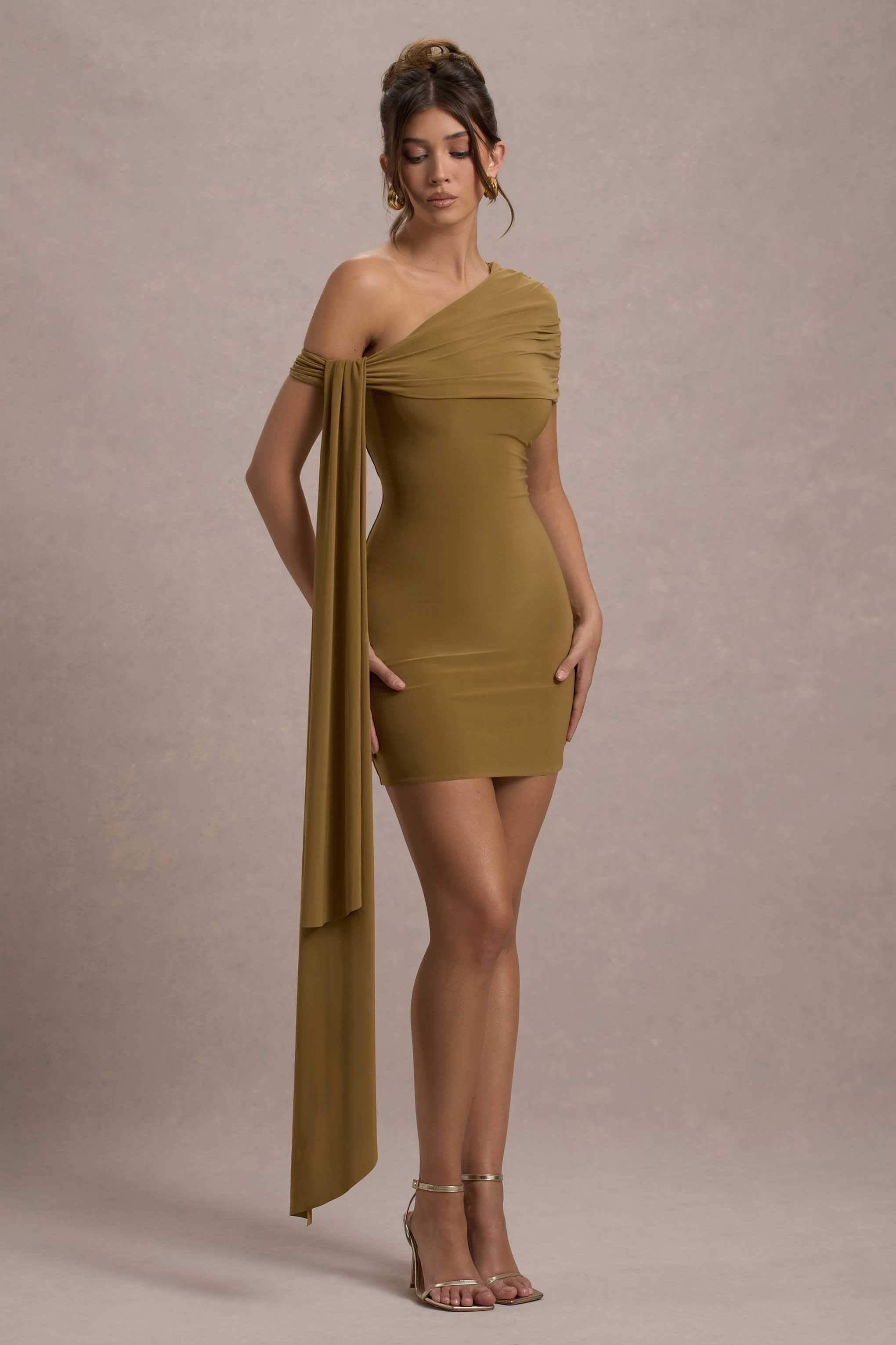 Alessio Mustard One-Shoulder Mini Dress With Drape