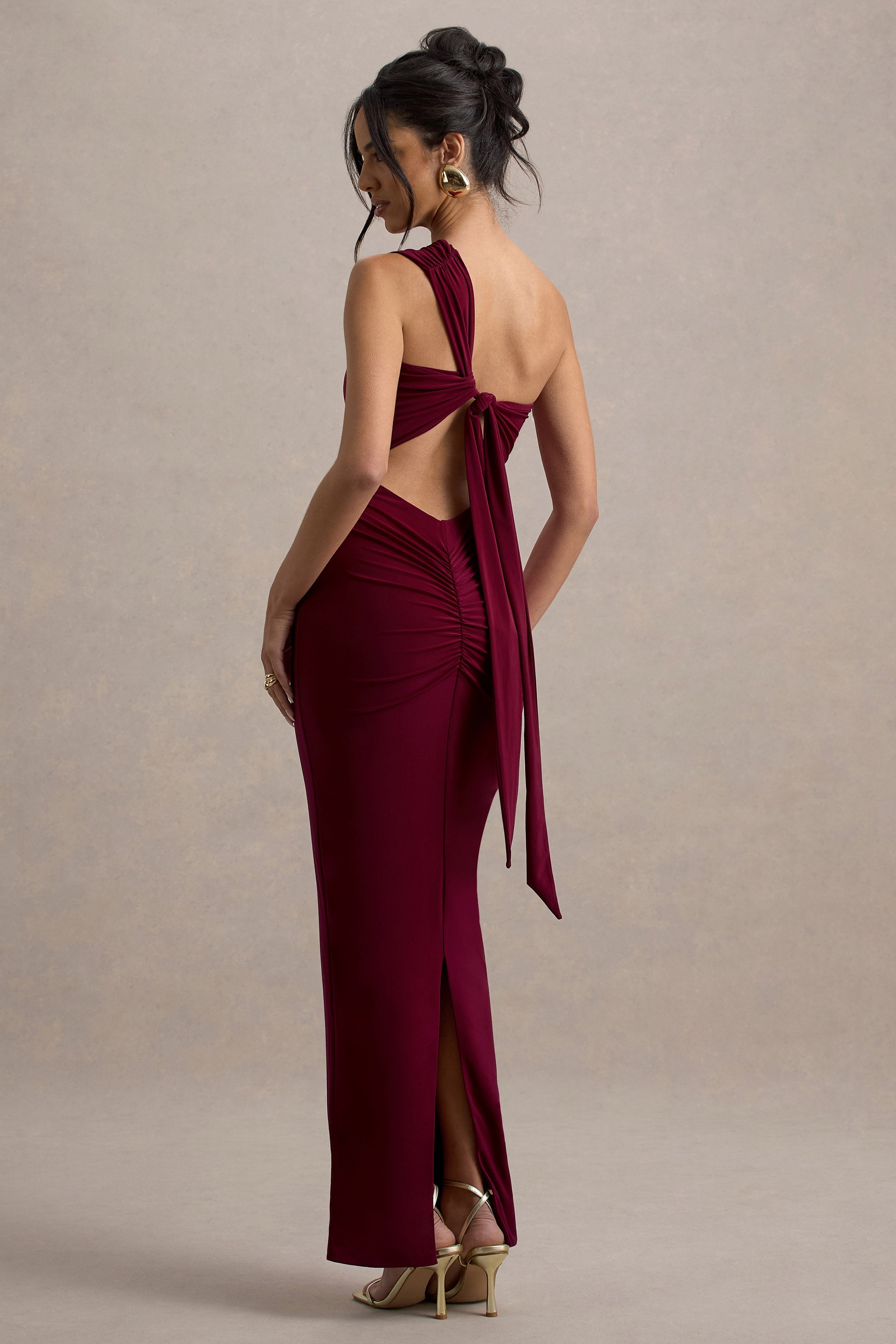 Venetia Burgundy One-Shoulder Tie-Back Maxi Dress