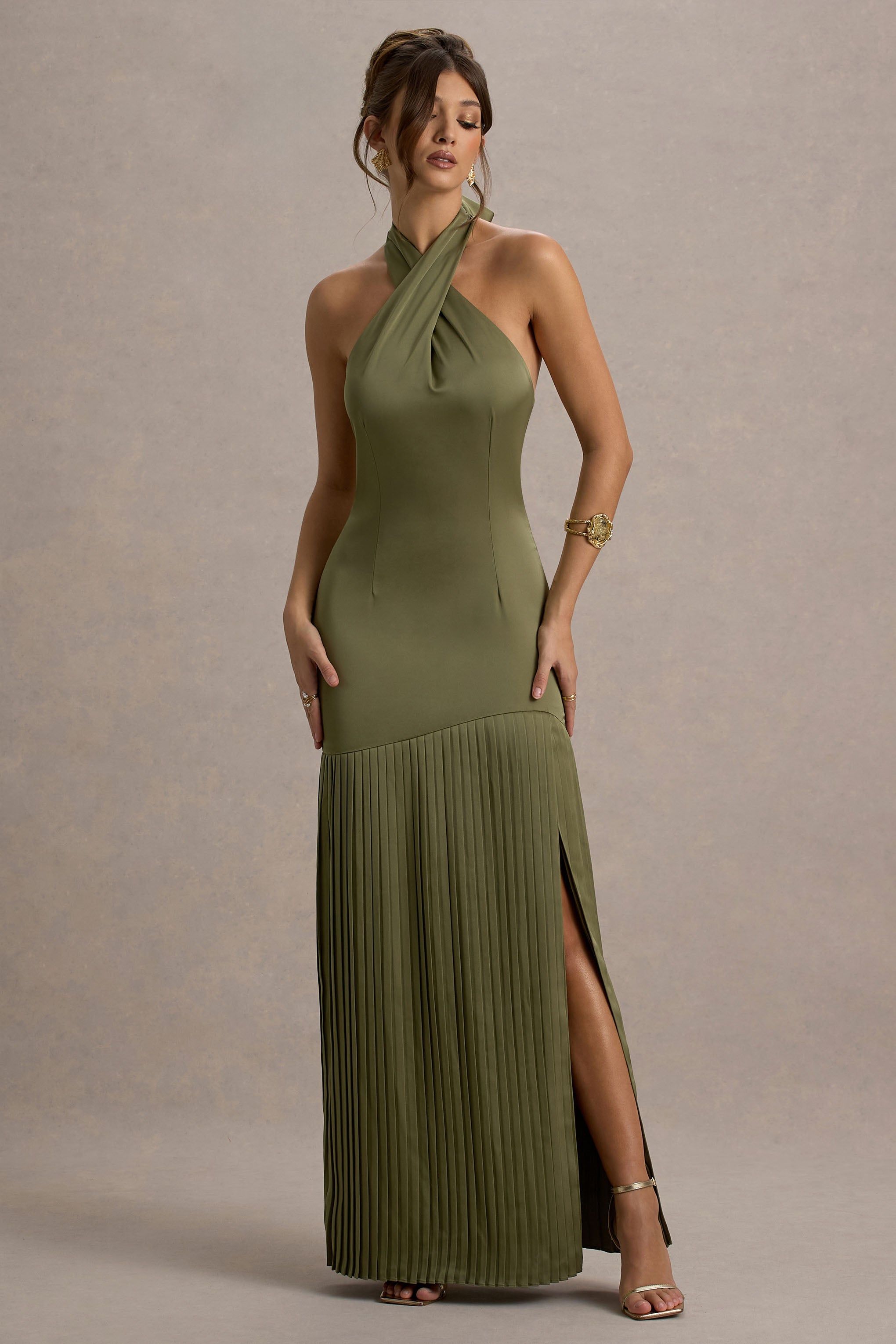 Sansa Khaki Satin Cross Halter-Neck Plisse Maxi Dress