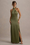 Sansa Khaki Satin Cross Halter-Neck Plisse Maxi Dress