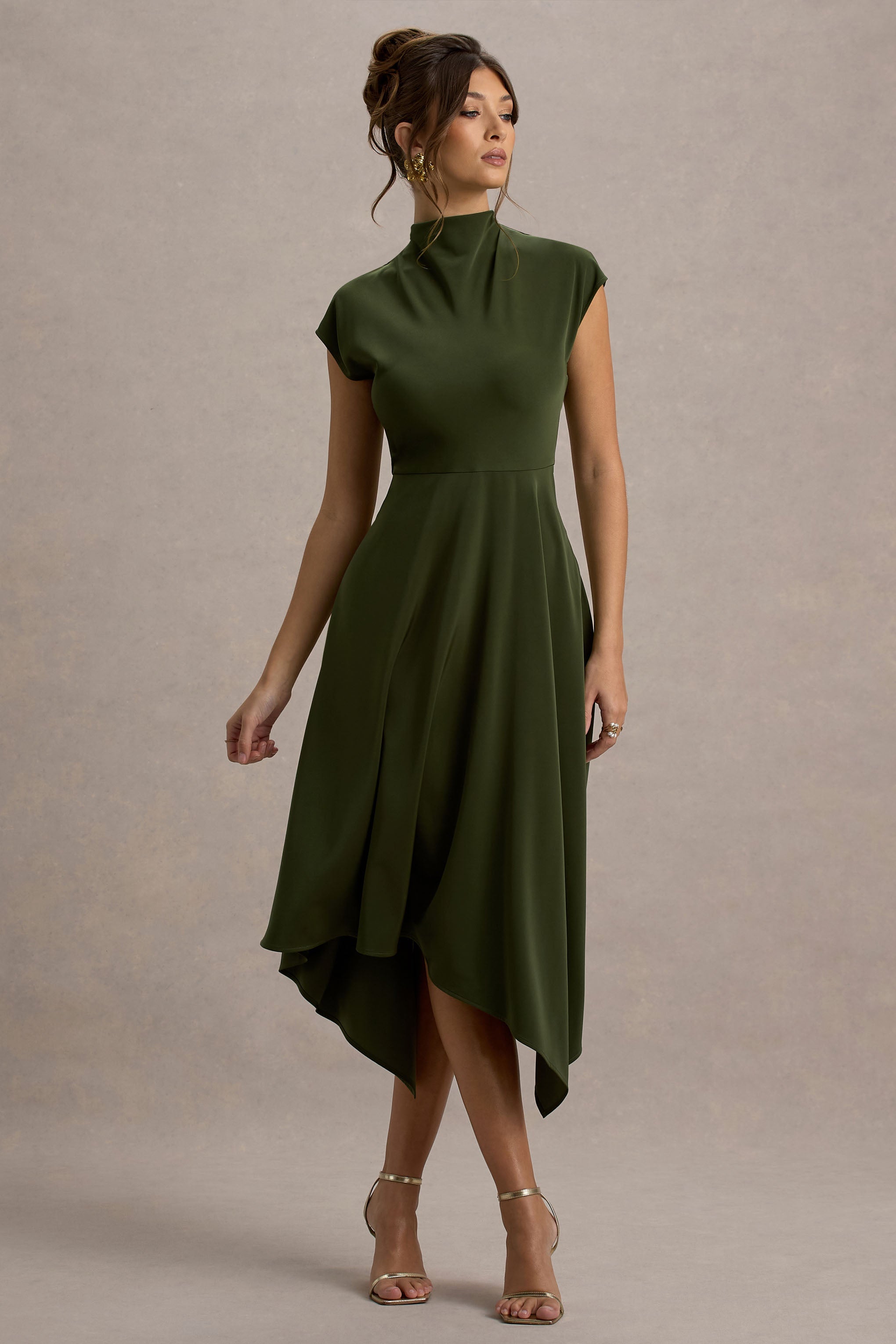 Velma Olive Satin Midi Dress With Draped Hem