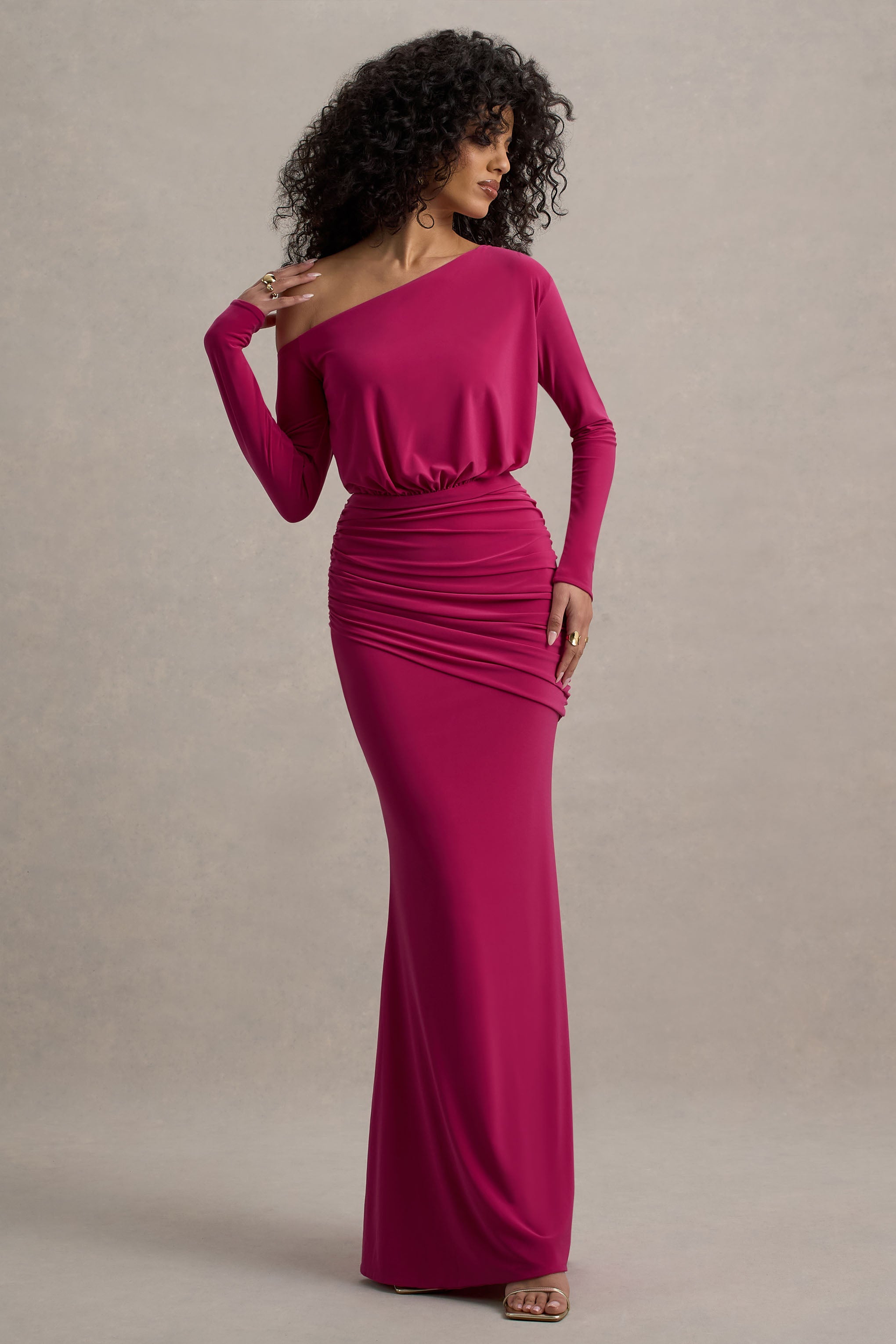 Deanna Hot Pink Asymmetric Long-Sleeve Ruched Maxi Dress