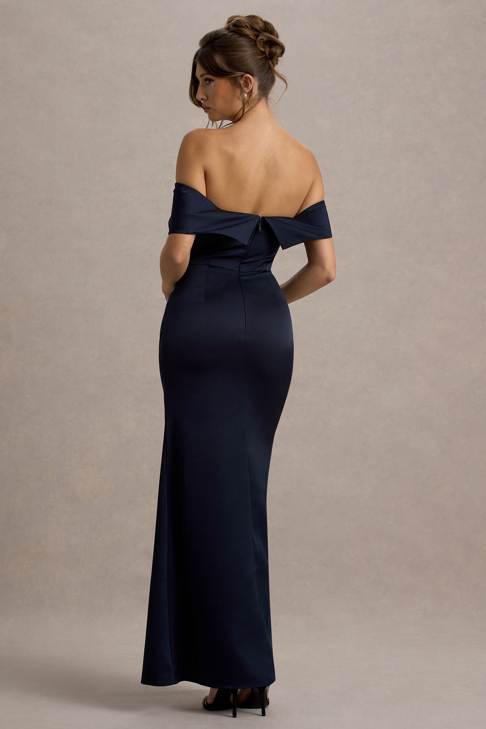 Martine Navy Satin Bardot Wrap Maxi Dress