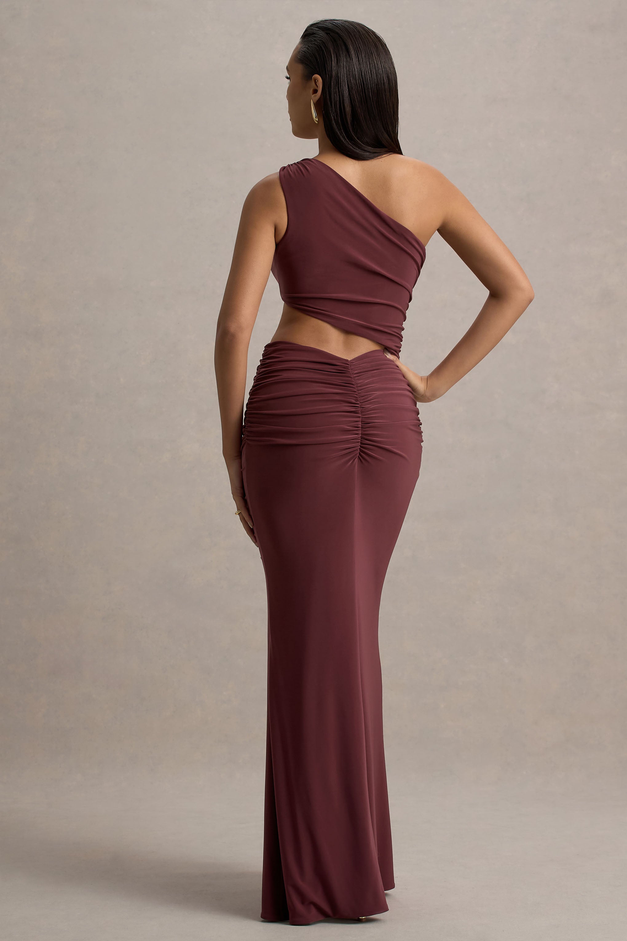 Sena Burgundy Asymmetric Maxi Dress With Cut Out Details