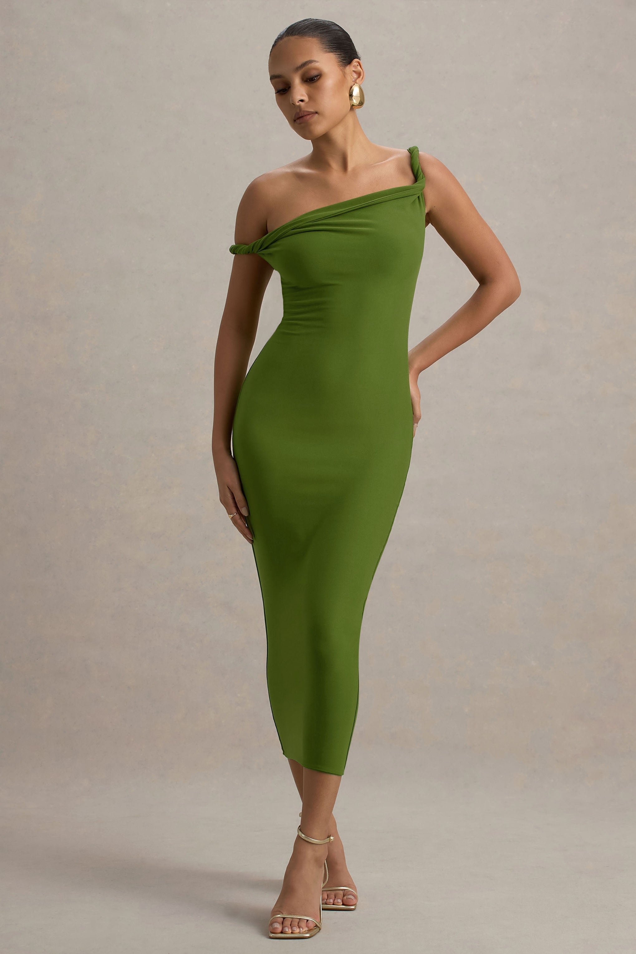 Salome Green Twisted Asymmetric Midi Dress
