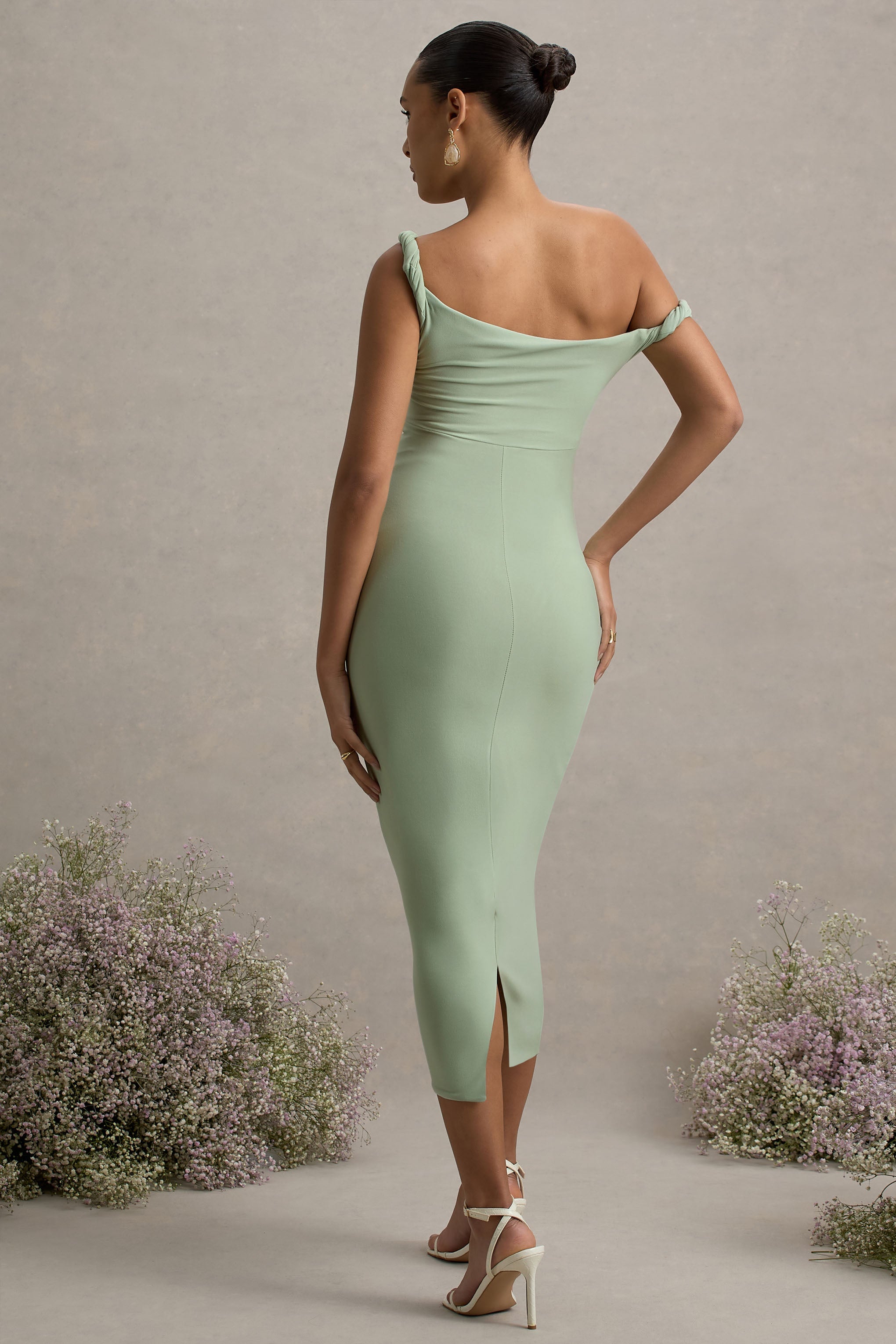 Salome Light Green Twisted Asymmetric Maternity Midi Dress