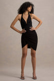 Vivia Black Plunge-Neck Ruched Mini Dress