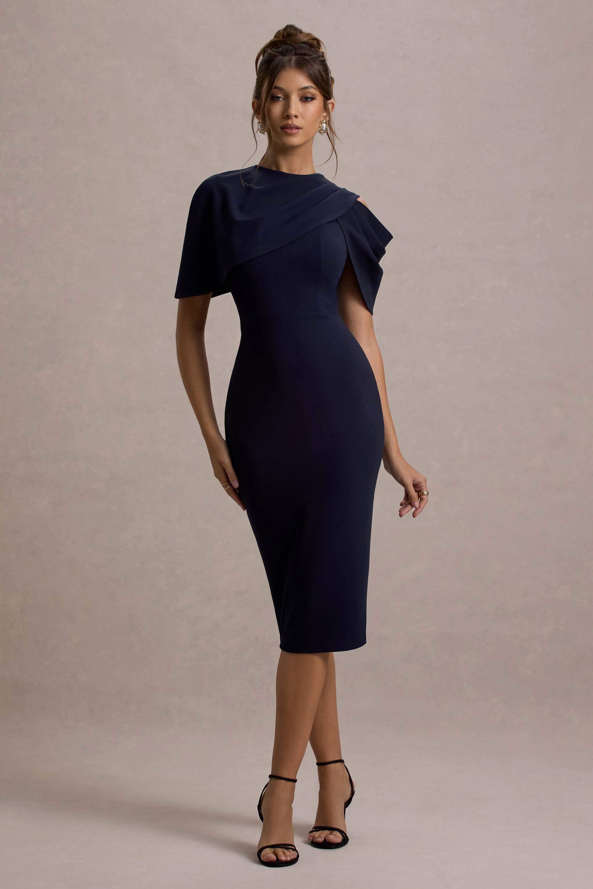 Dorothea Navy Draped Midi Dress With Cape