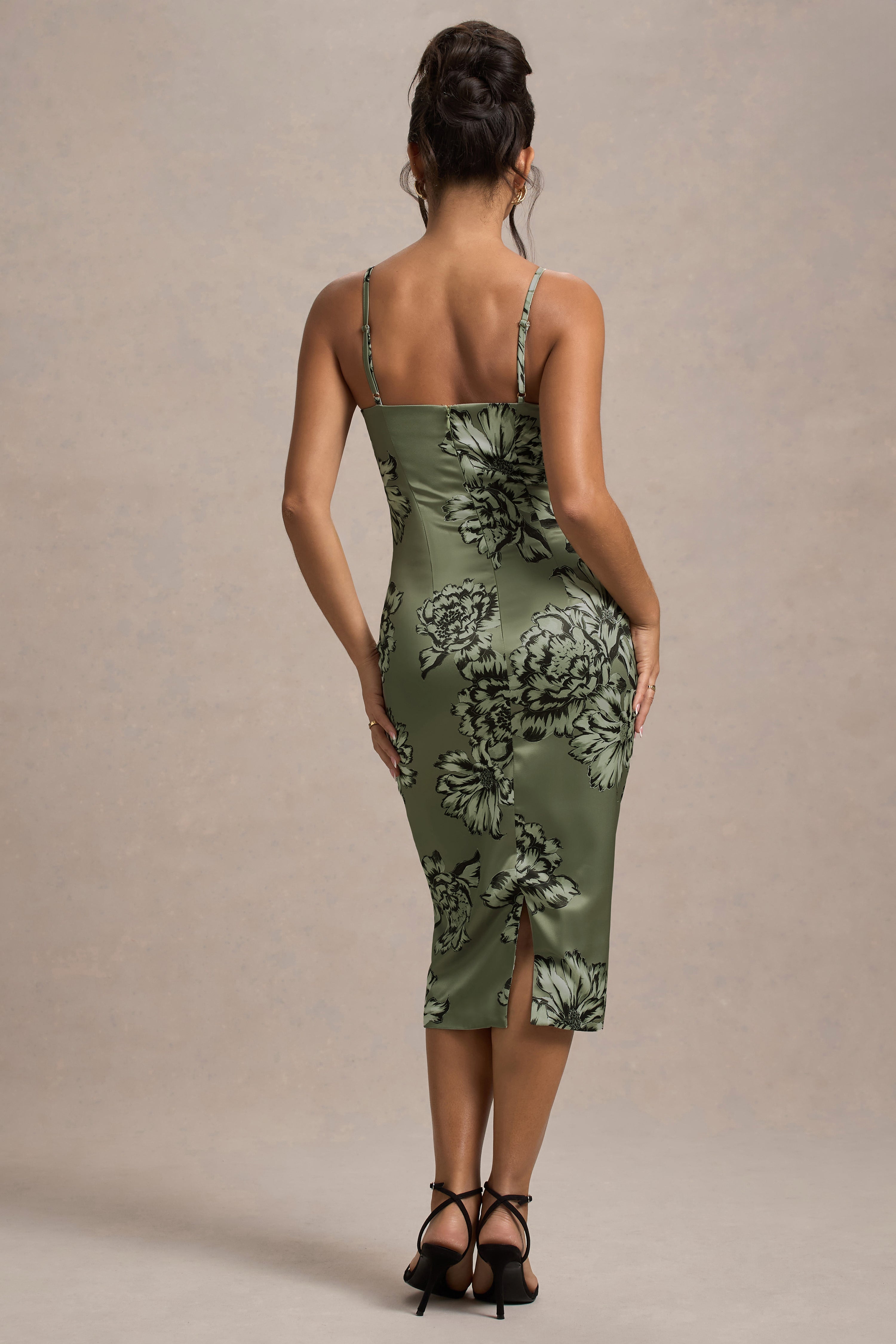 Soprano Olive Floral Print Satin Sweetheart Lace Trim Midi Dress