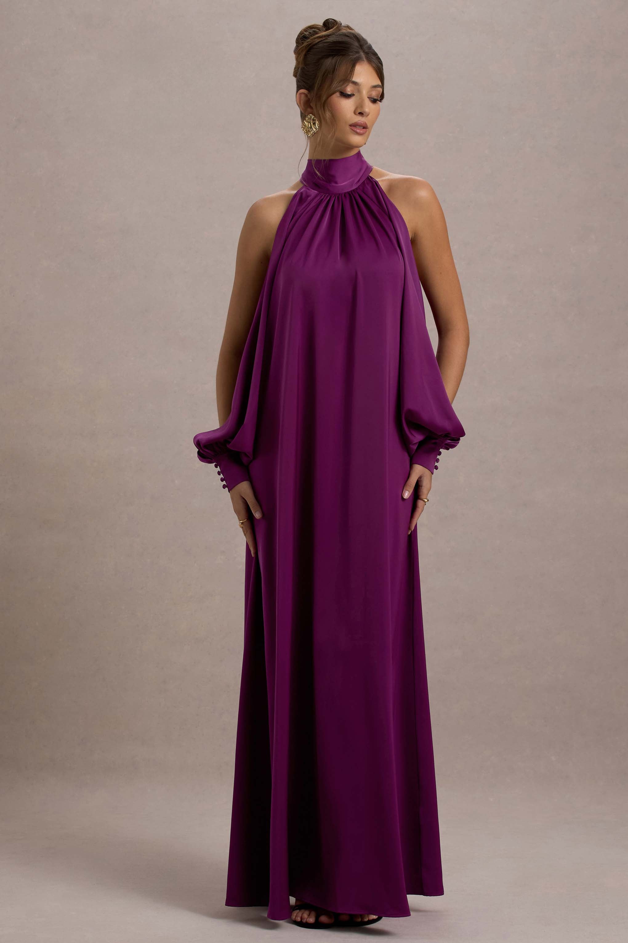 Baila Mulberry Satin High-Neck Cape-Sleeve Maxi Dress