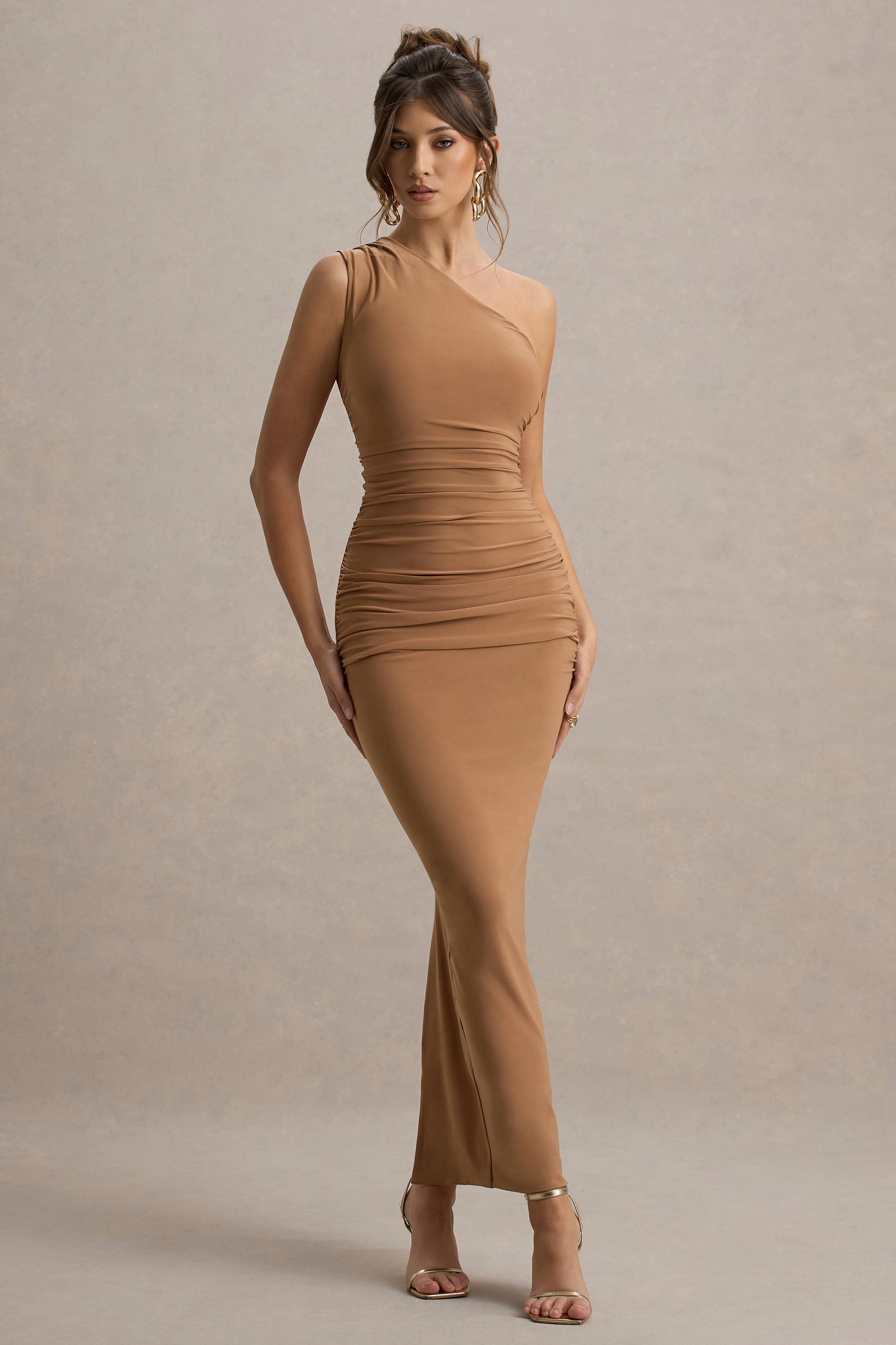 Dalarie Brown One-Shoulder Gathered Maxi Dress