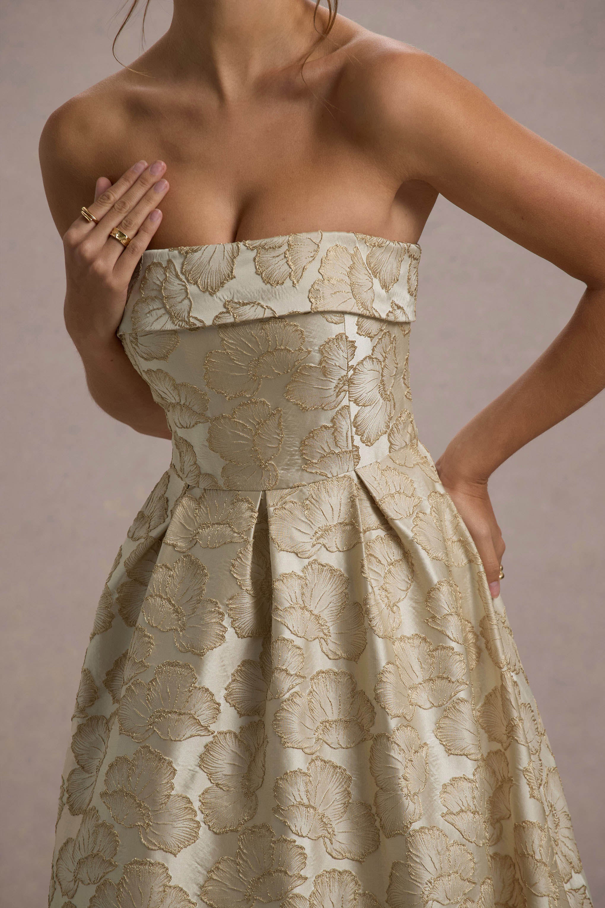 Zuma Gold Metallic Jacquard Strapless Midi Dress