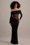 Belamour Black Semi-Sheer Bardot Gathered Maxi Dress