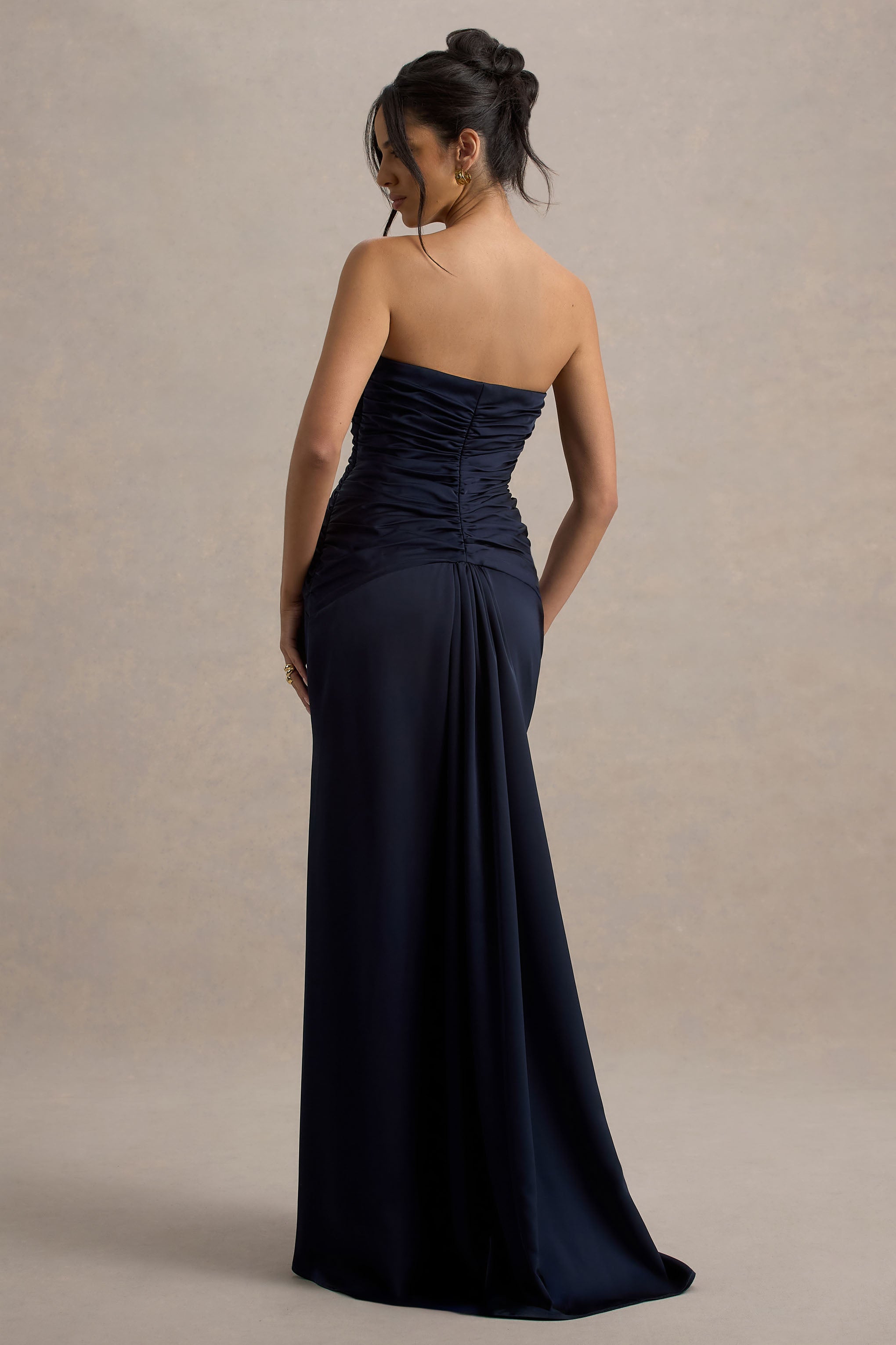 Desirie Navy Satin Sweetheart Gathered Maxi Dress