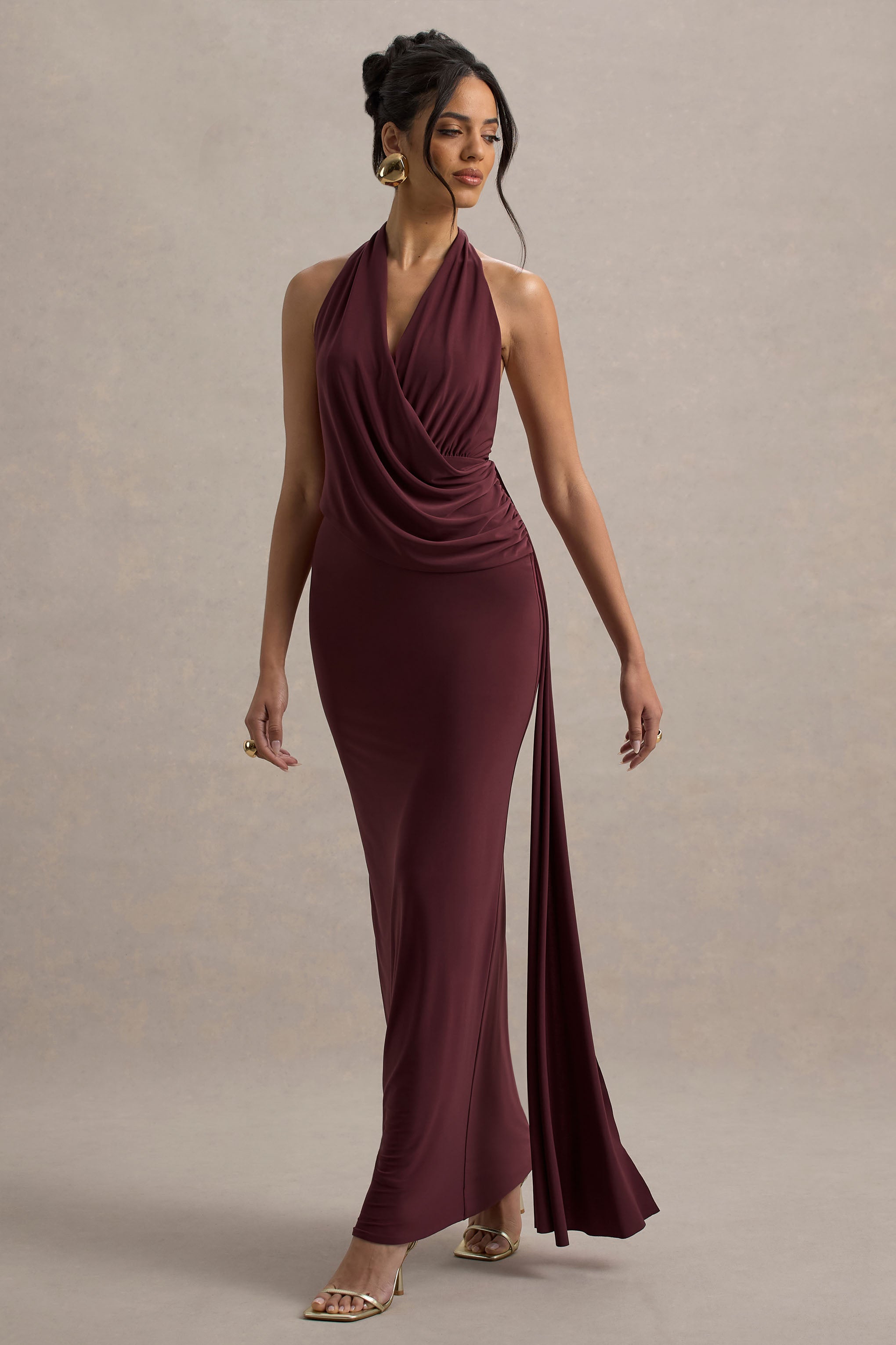 Rosina Burgundy Halter-Neck Draped Maxi Dress With Sash