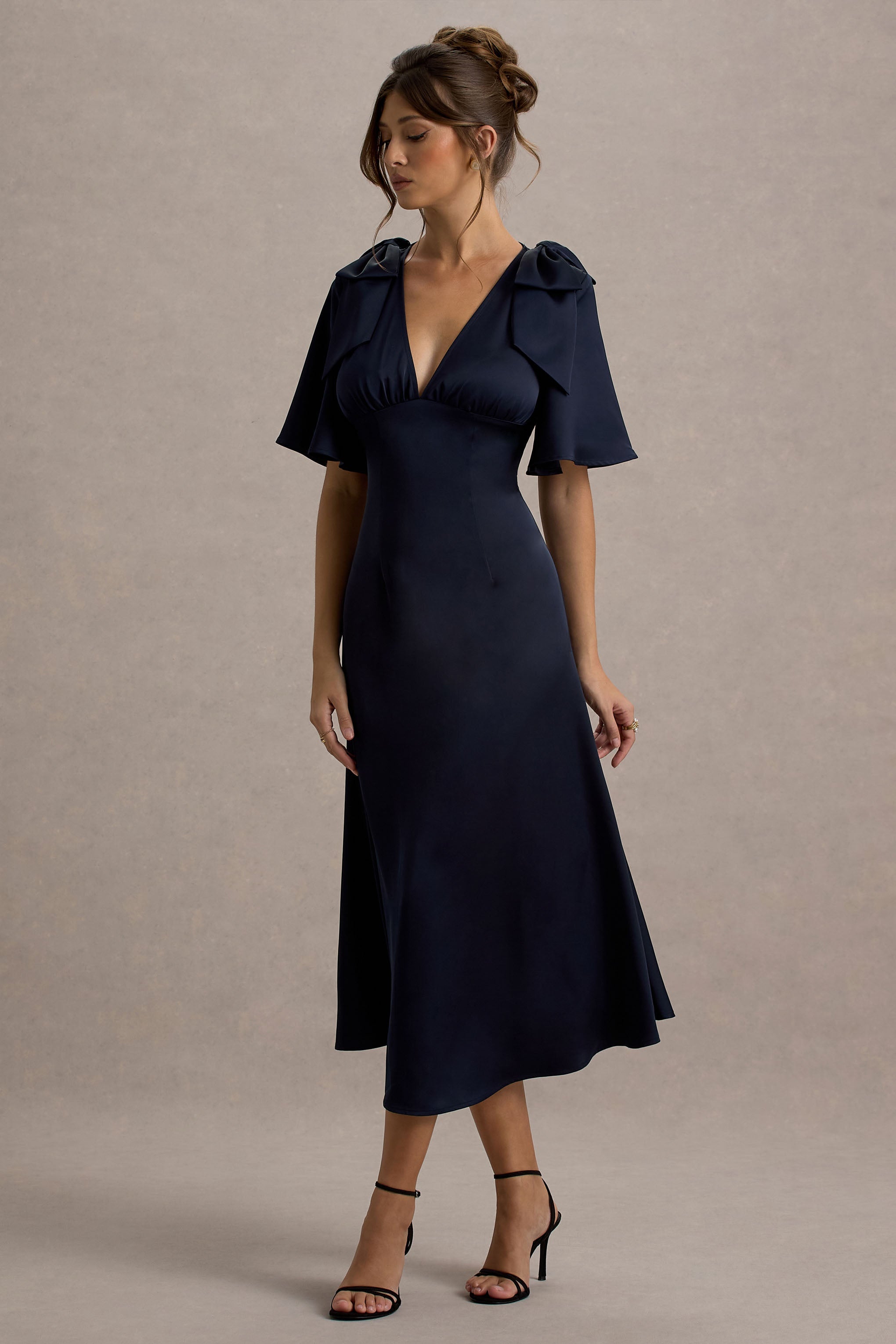 Danna Navy Satin V-Neck Short-Sleeve Midi Dress