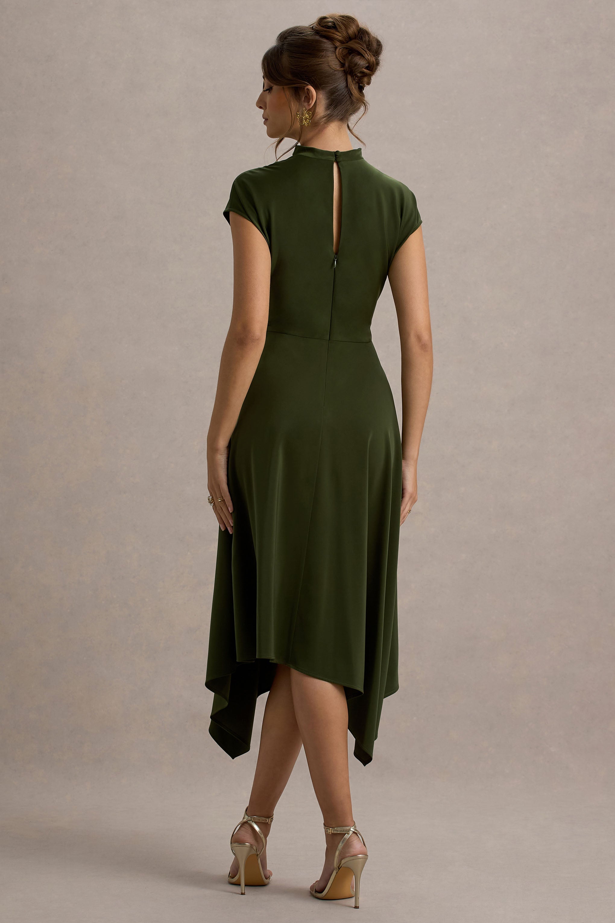 Velma Olive Satin Midi Dress With Draped Hem