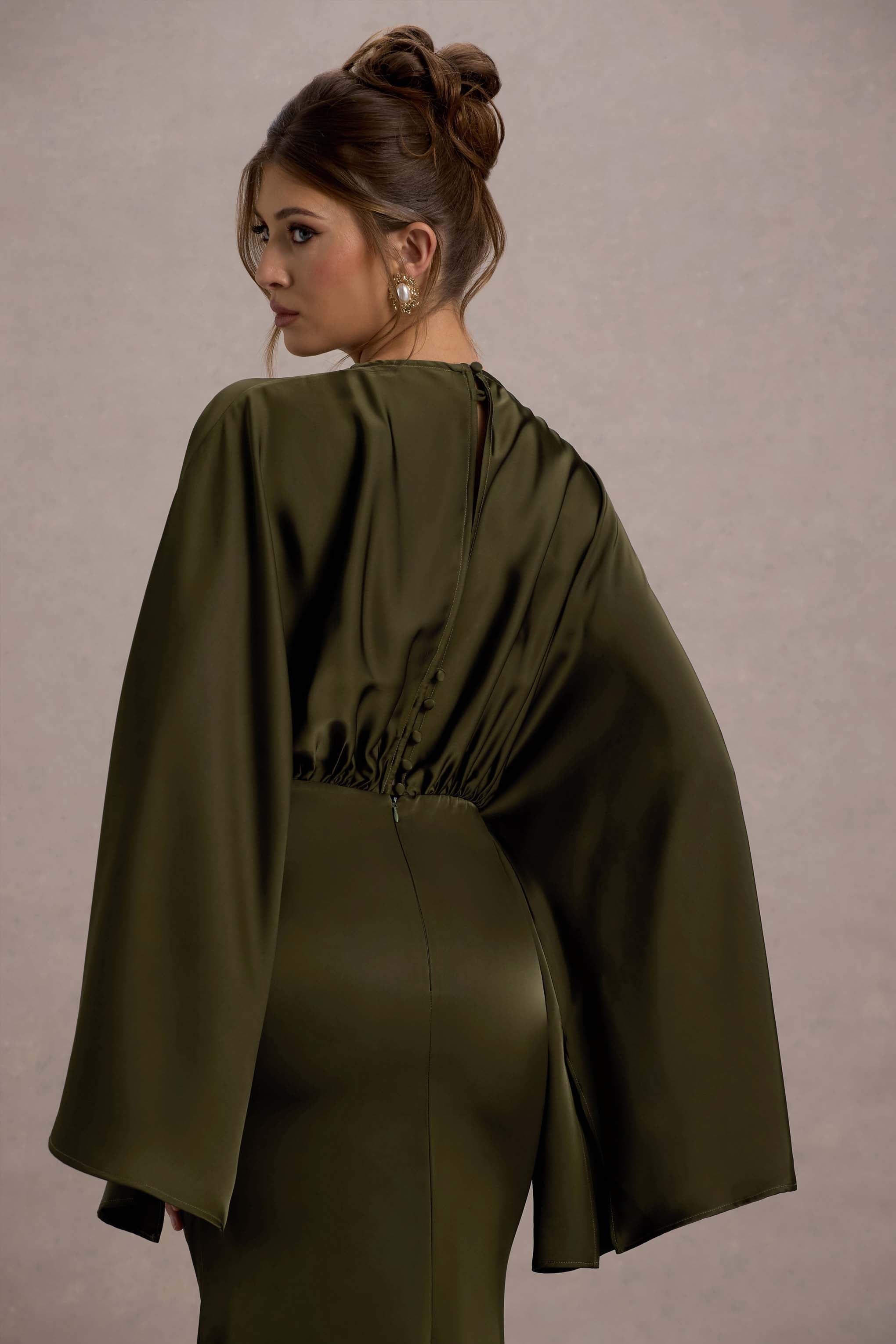 Zuzanna Khaki Draped Maxi Dress With Cape Sleeves