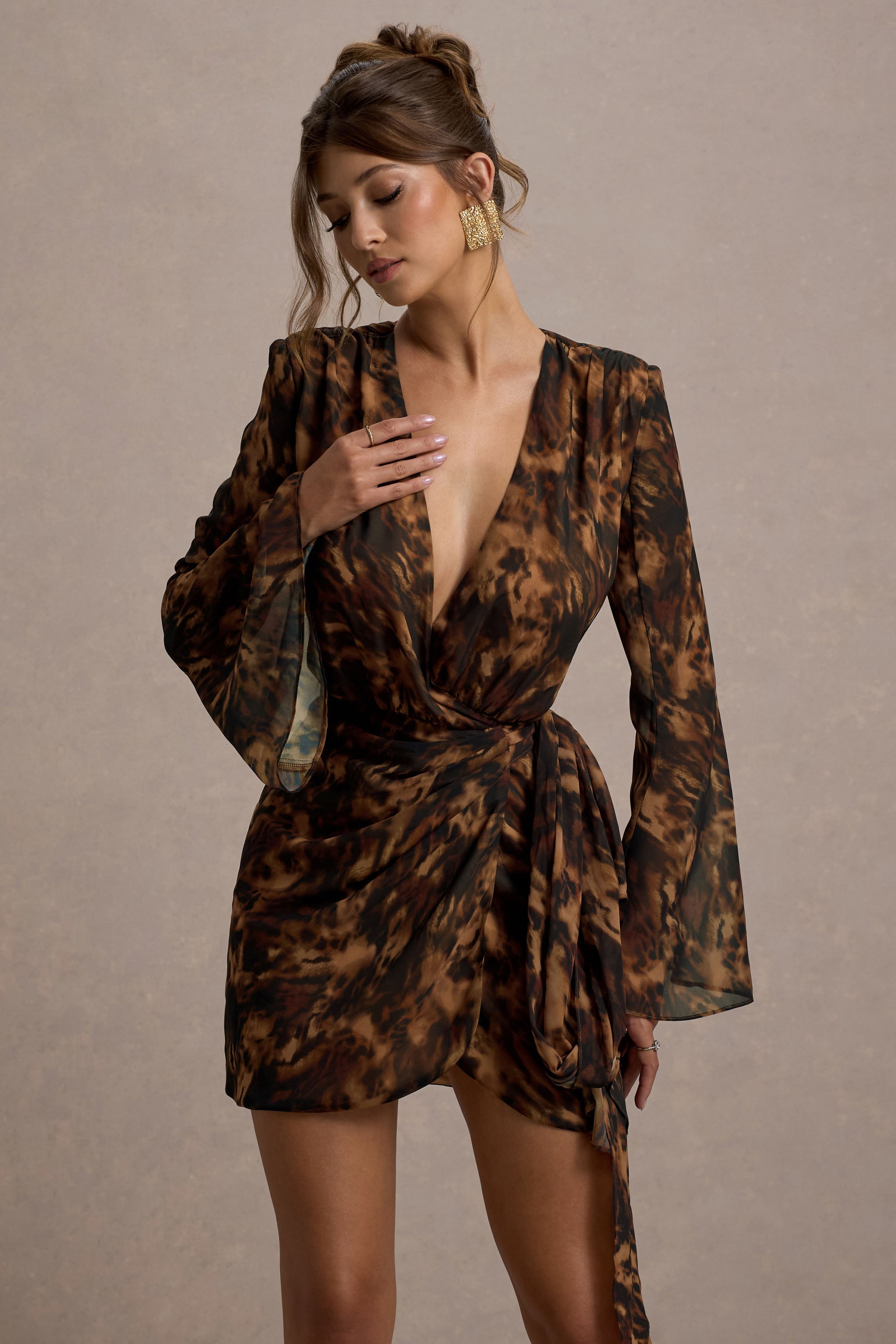 Alinta Leopard Print Long-Sleeve Wrap Mini Dress