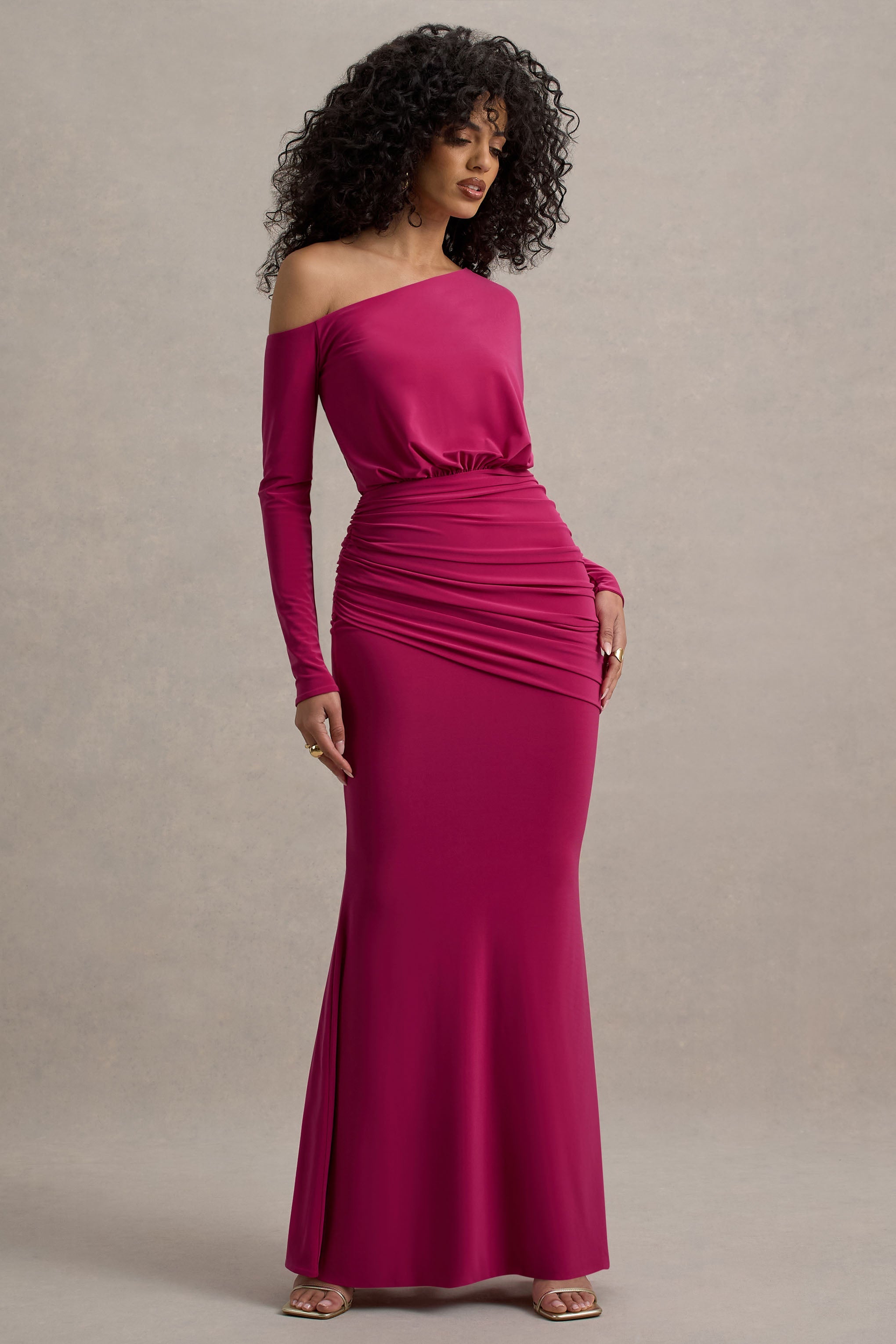 Deanna Hot Pink Asymmetric Long-Sleeve Ruched Maxi Dress