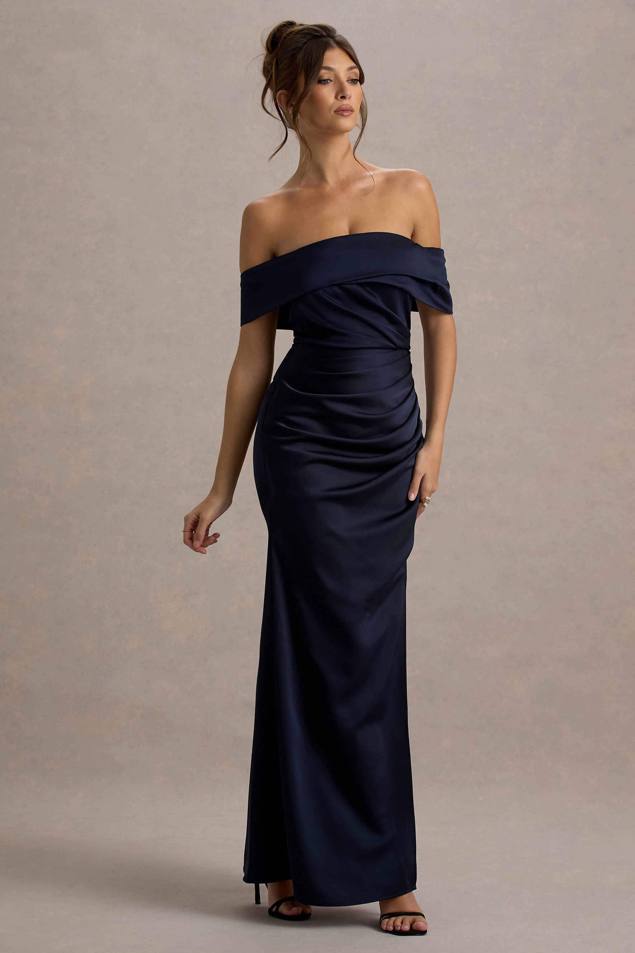 Martine Navy Satin Bardot Wrap Maxi Dress