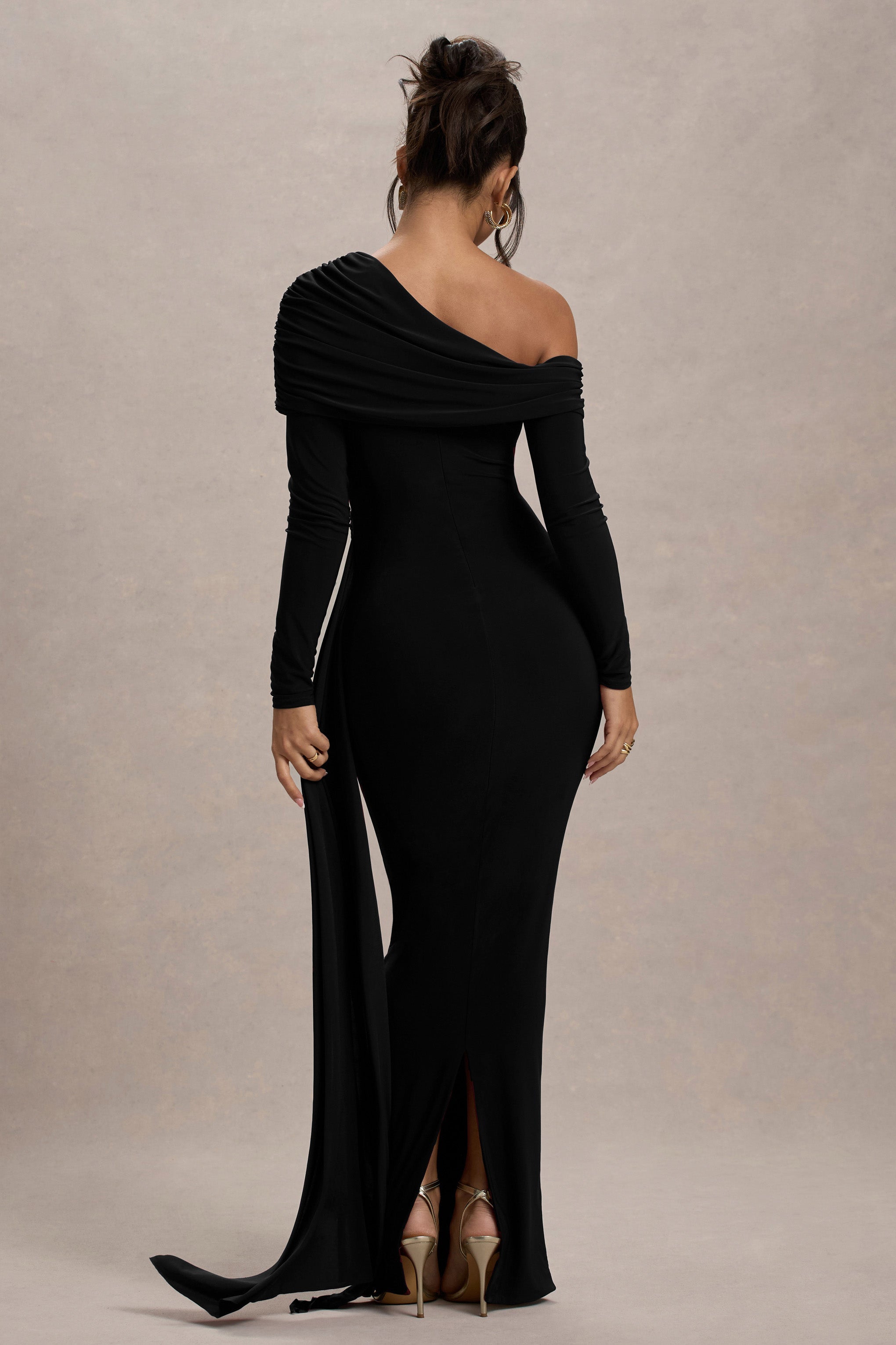 Valina Black Ruched Asymmetric Maxi Dress With Drape