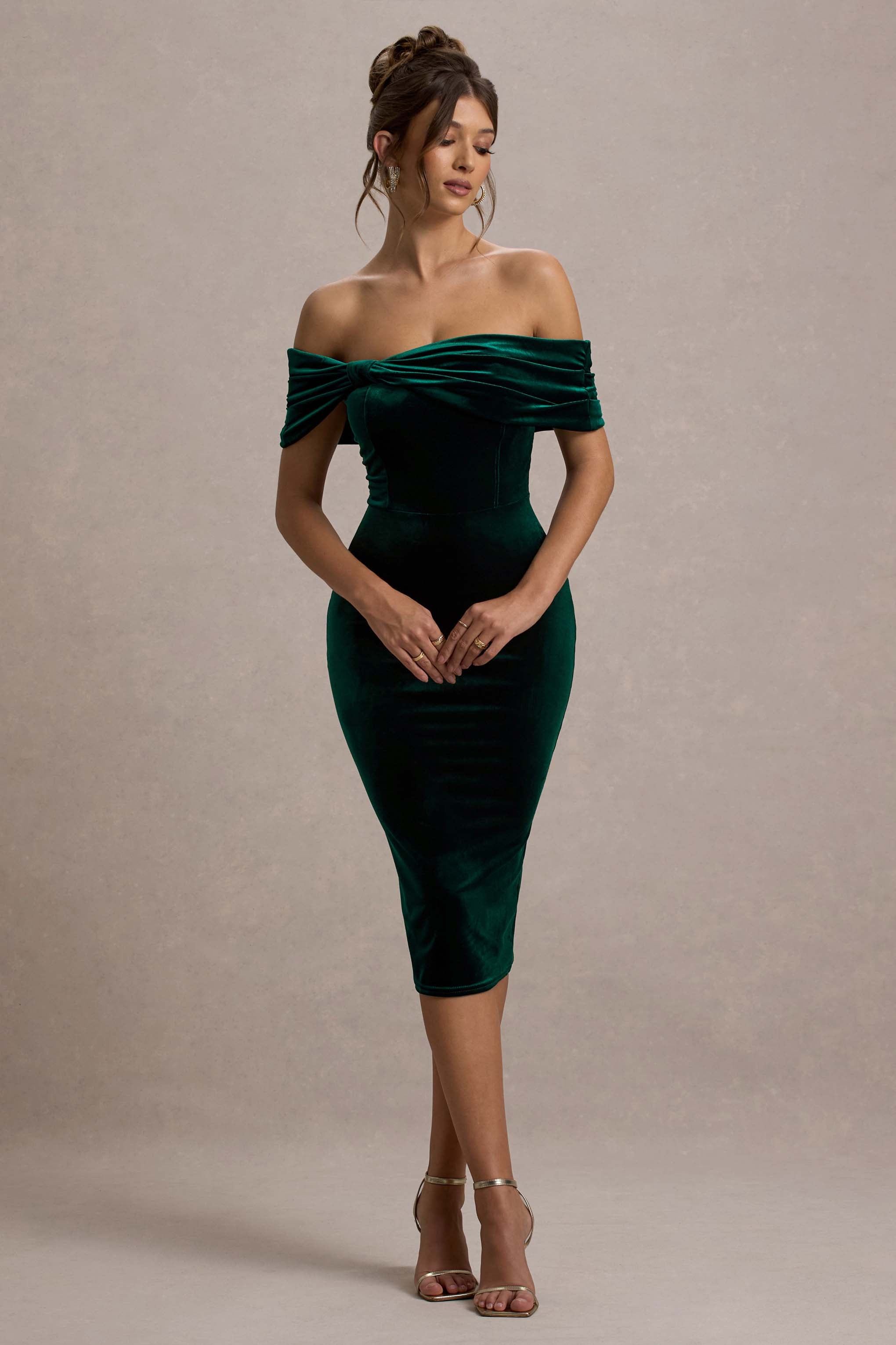 Snowflake Bottle Green Velvet Bardot Bow Detail Midi Dress