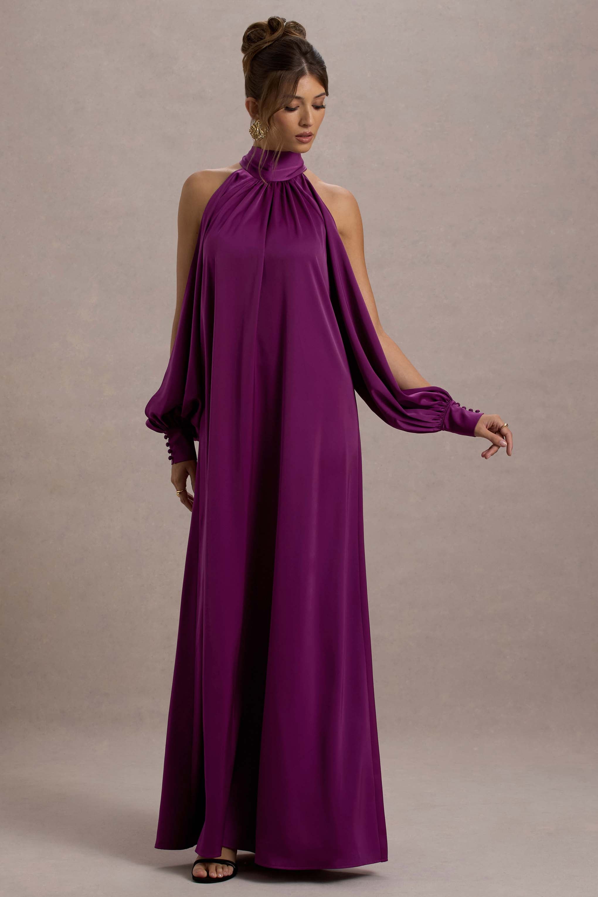 Baila Mulberry Satin High-Neck Cape-Sleeve Maxi Dress