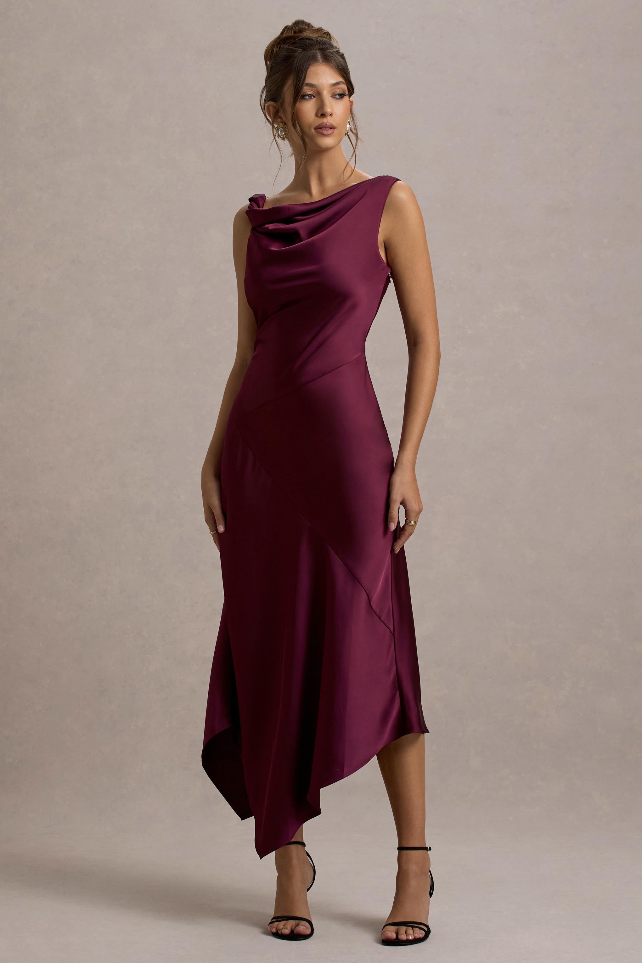 Donelli Plum Satin Asymmetric Midi Dress