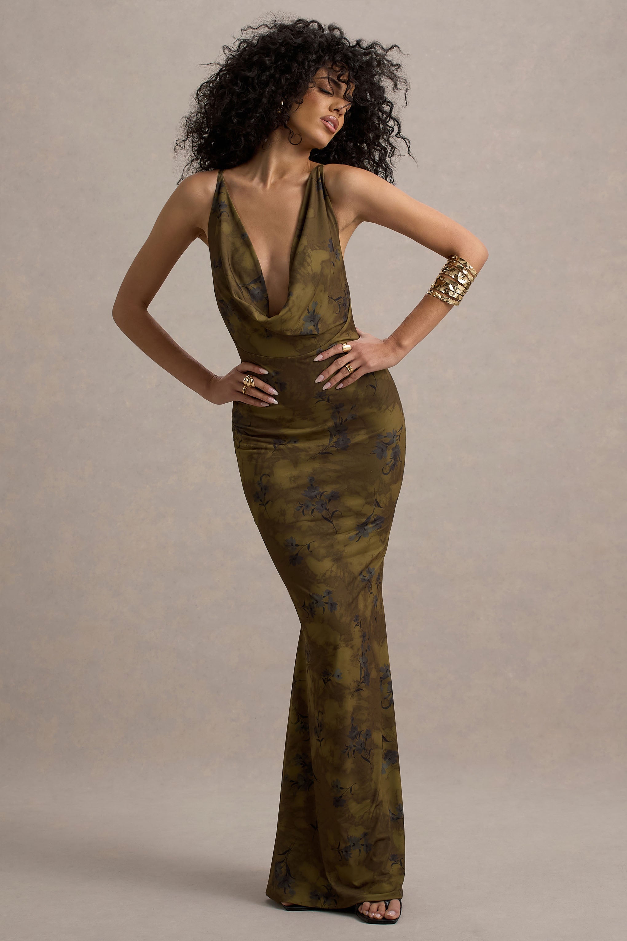 Allana Yellow Floral Print Cowl-Neck Open-Back Maxi Dress