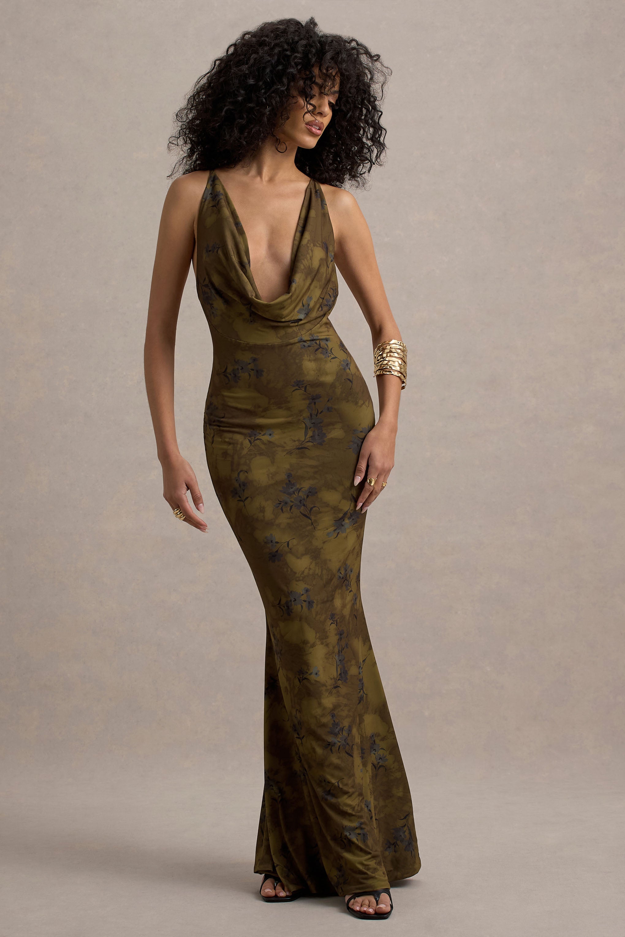 Allana Yellow Floral Print Cowl-Neck Open-Back Maxi Dress