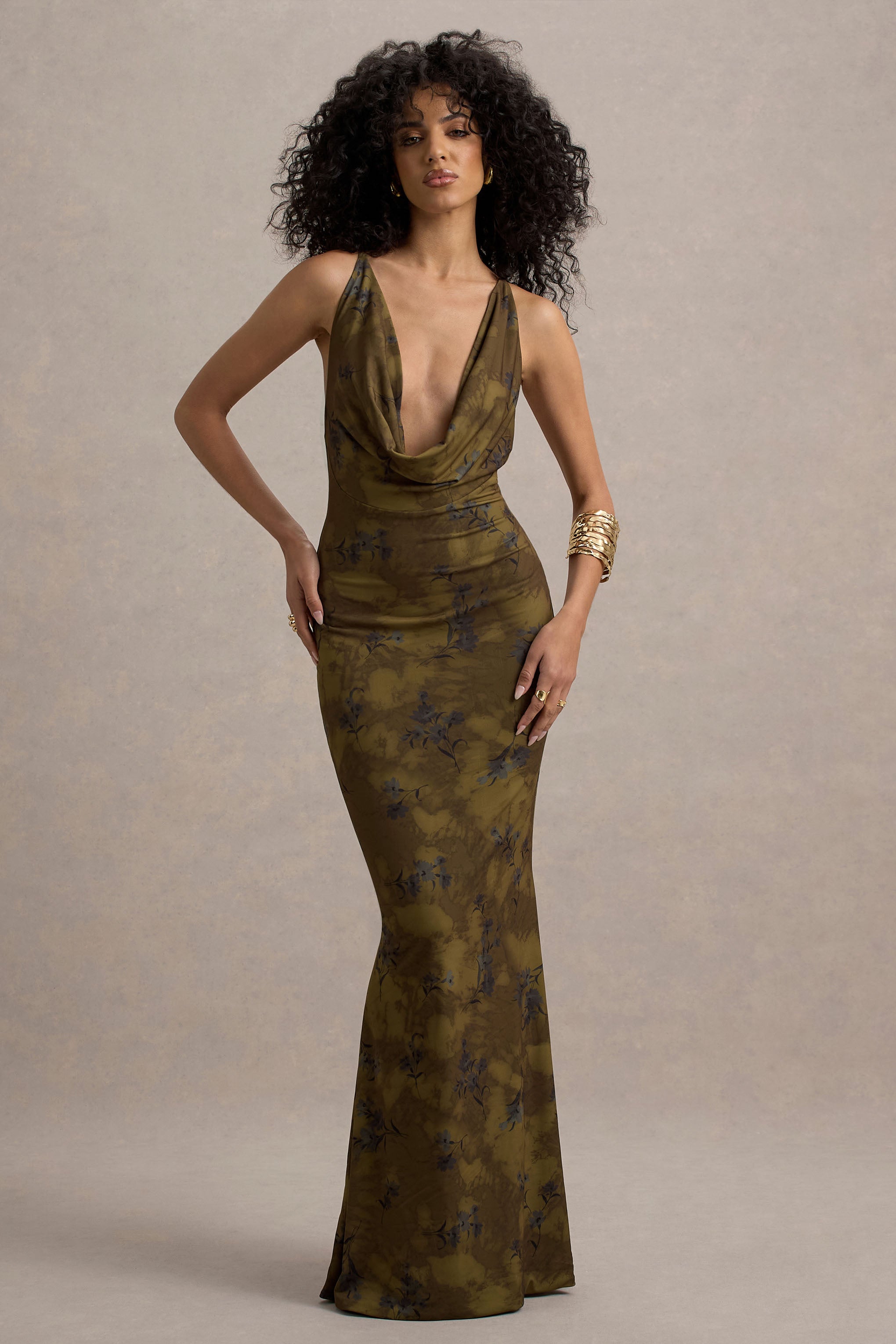 Allana Yellow Floral Print Cowl-Neck Open-Back Maxi Dress
