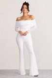 Whisper White Ruched Mesh Bardot Jumpsuit